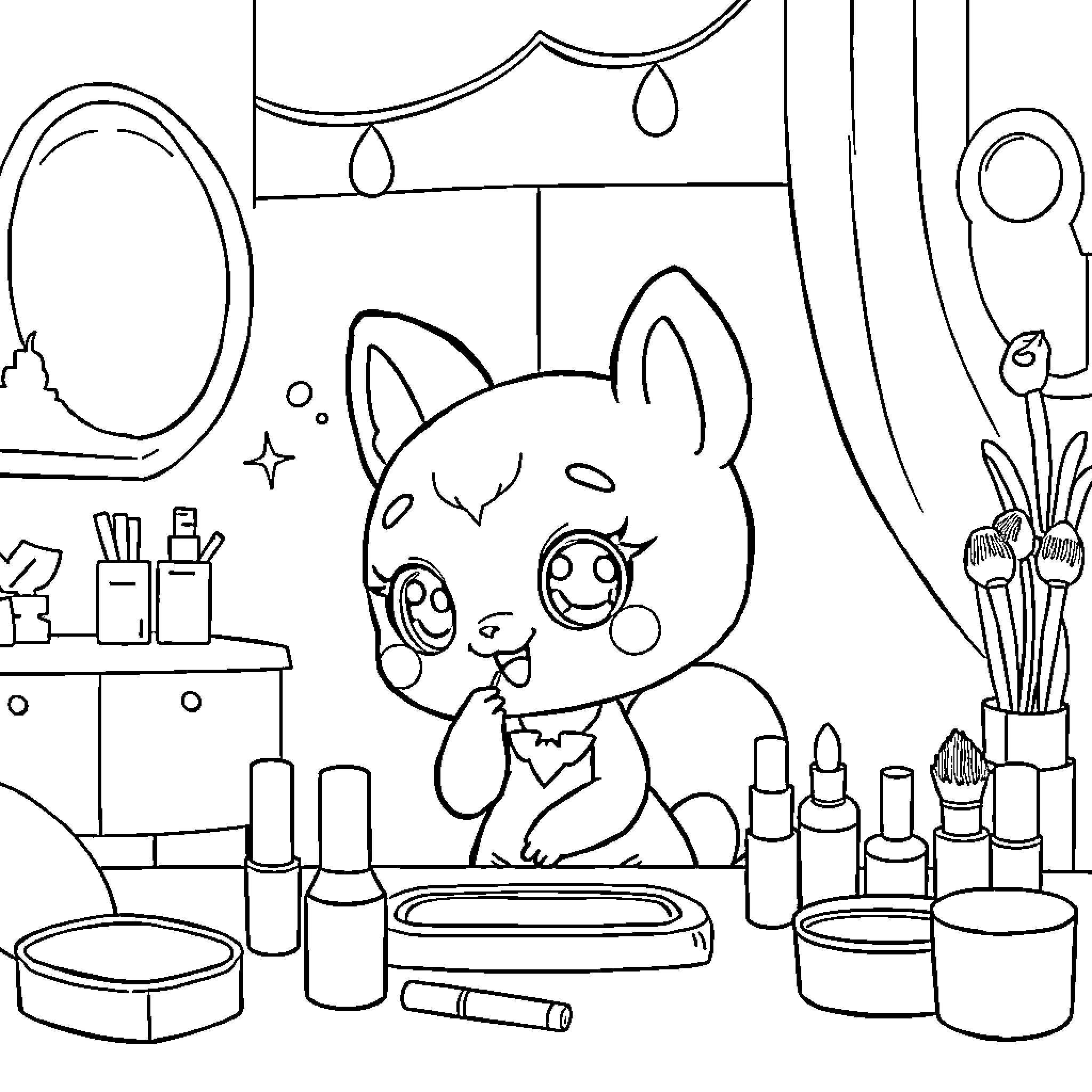 Memetchi applying makeup in a dressing room Coloring Page (free black-and-white line drawing printable PDF for all, from beginners to advanced learners, including children, teens, adults, and seniors)