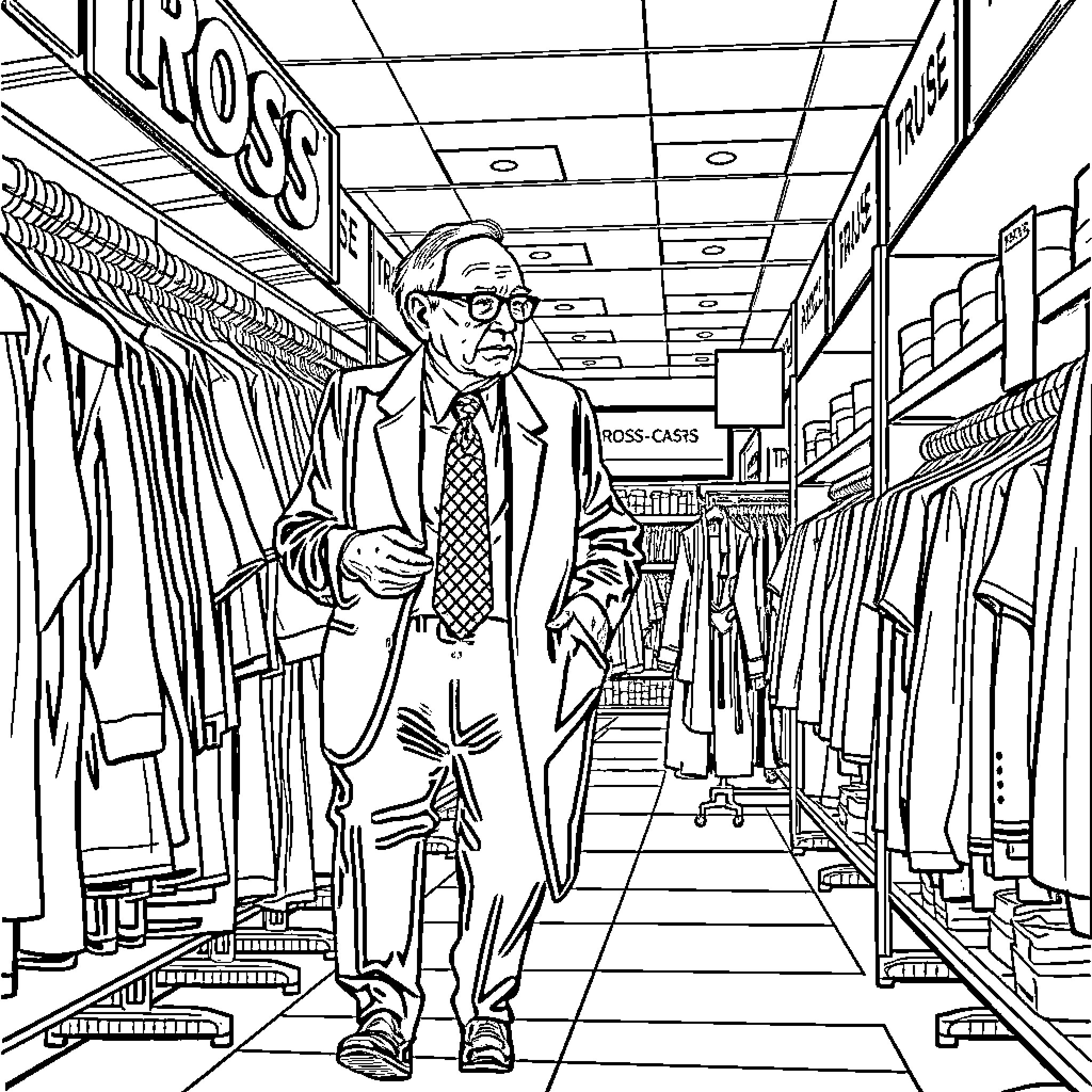 Warren Buffett Shopping at Retail Store Coloring Page (free black-and-white line drawing printable PDF for all, from beginners to advanced learners, including children, teens, adults, and seniors)