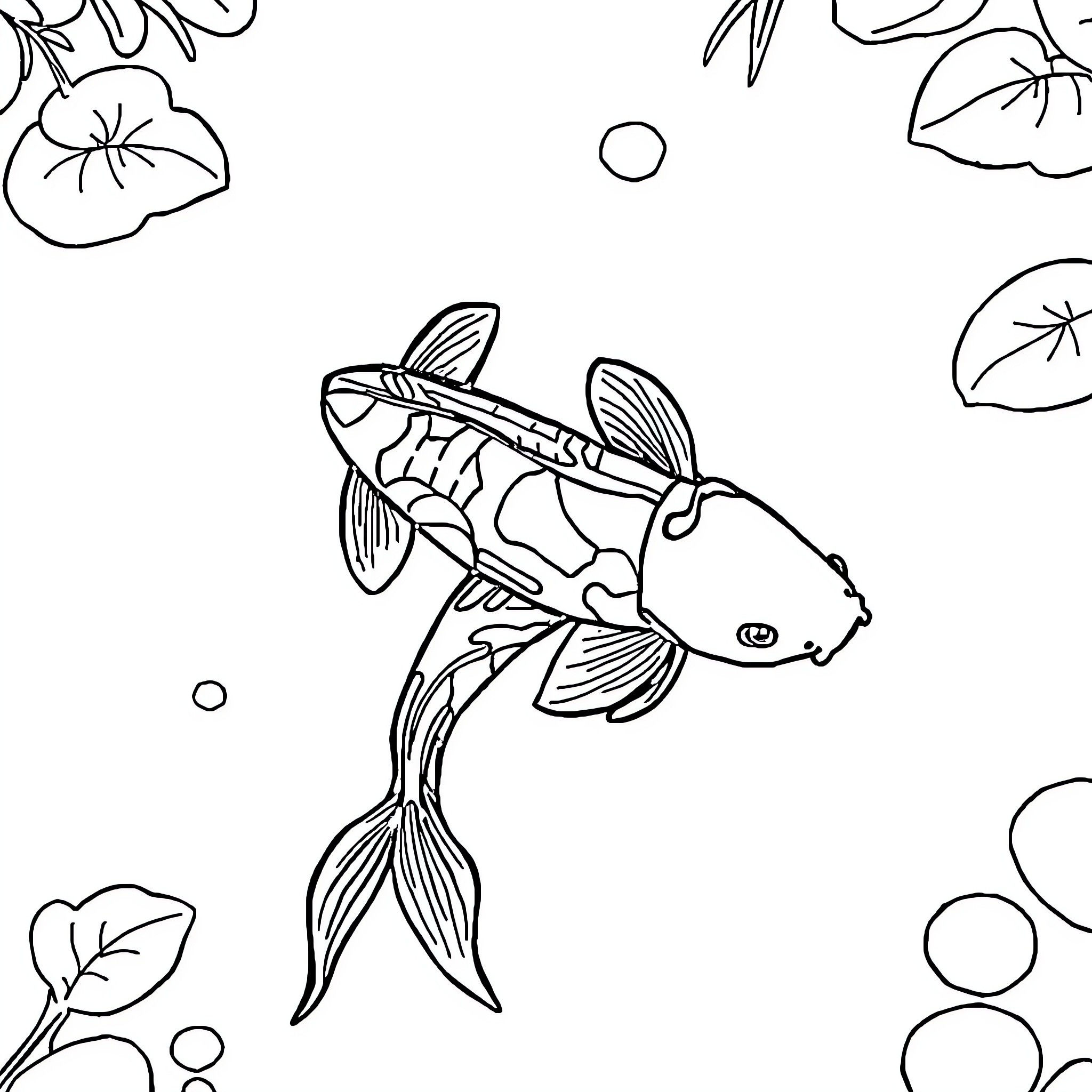 Koi fish swimming among lilypads Coloring Page (free black-and-white line drawing printable PDF for all, from beginners to advanced learners, including children, teens, adults, and seniors)
