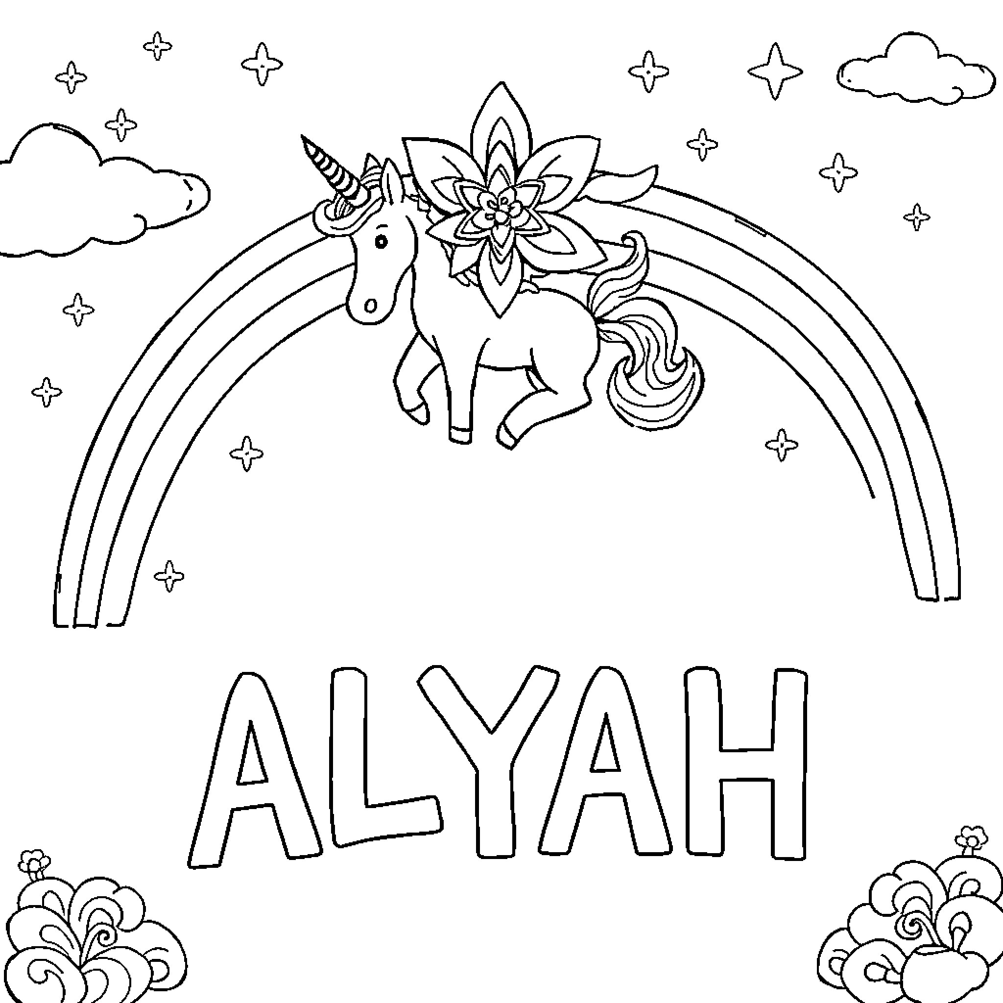 Unicorn dancing joyfully under a rainbow Coloring Page (free black-and-white line drawing printable PDF for all, from beginners to advanced learners, including children, teens, adults, and seniors)
