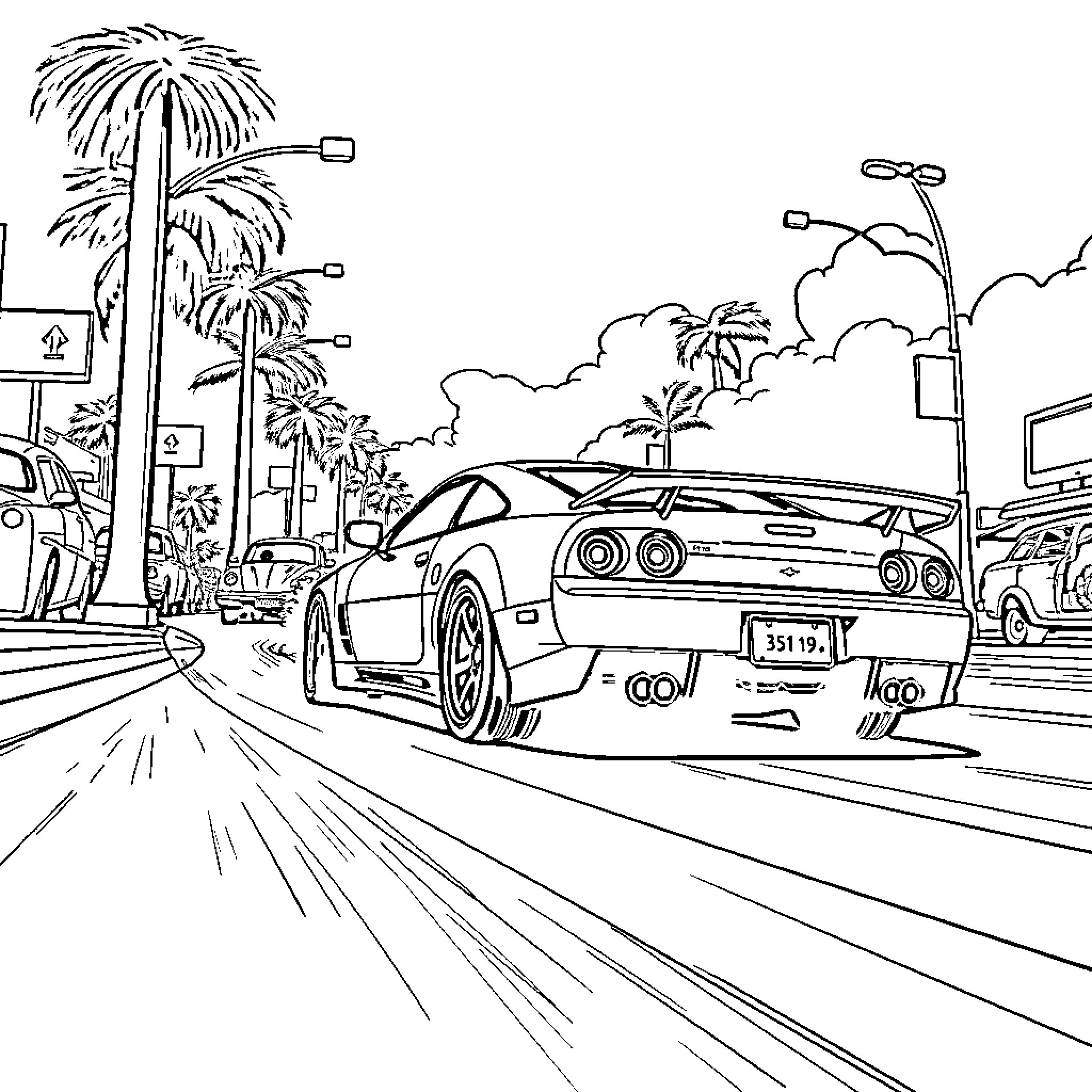 Eclipse of sports car on palm tree-lined street Coloring Page (free black-and-white line drawing printable PDF for all, from beginners to advanced learners, including children, teens, adults, and seniors)