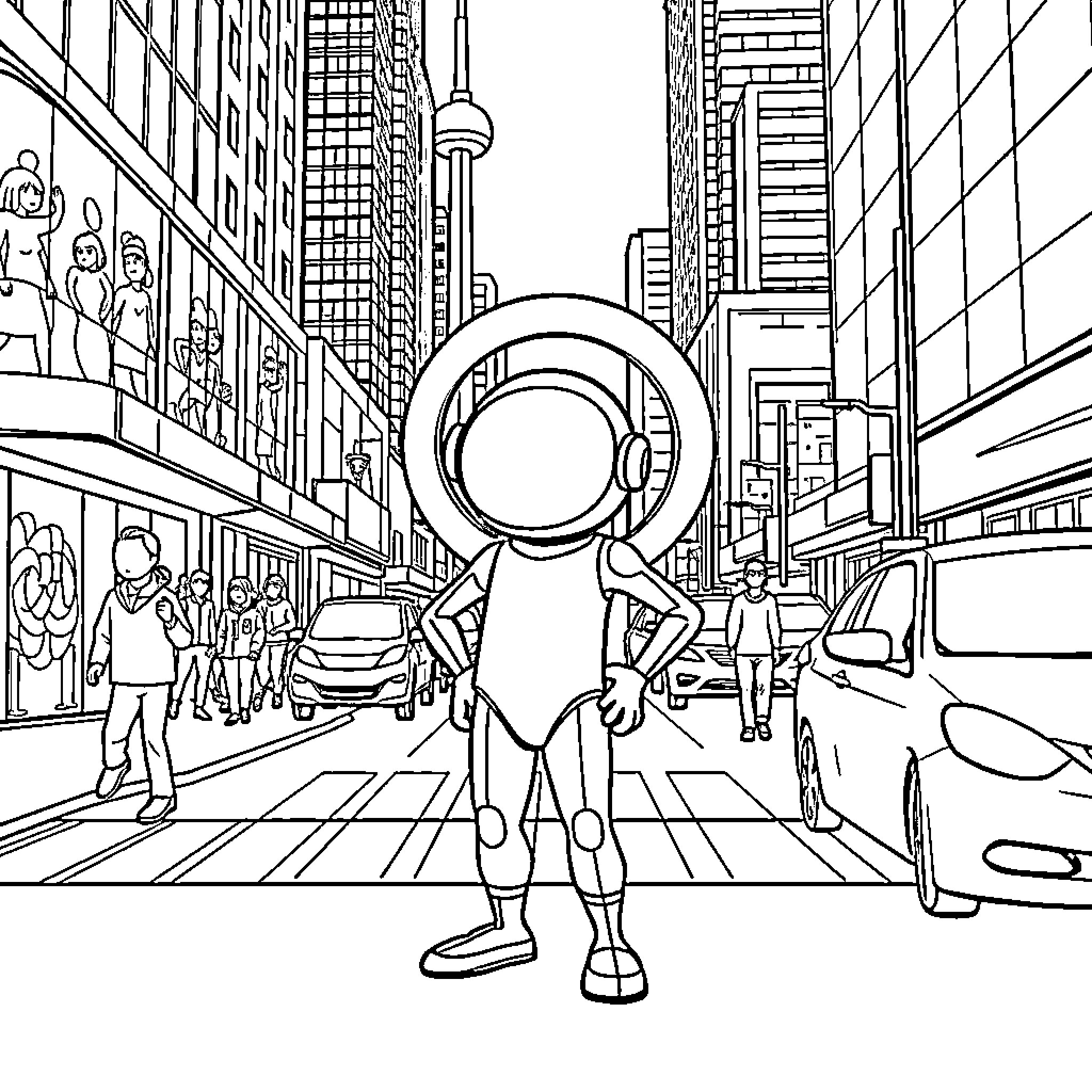 Halo Exploration in the City Streets Coloring Page (free black-and-white line drawing printable PDF for all, from beginners to advanced learners, including children, teens, adults, and seniors)