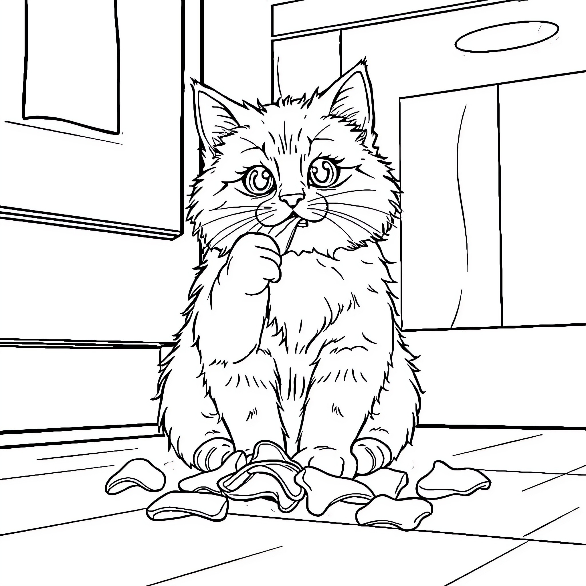 Cat sitting on the floor with torn paper Coloring Page (free black-and-white line drawing printable PDF for all, from beginners to advanced learners, including children, teens, adults, and seniors)