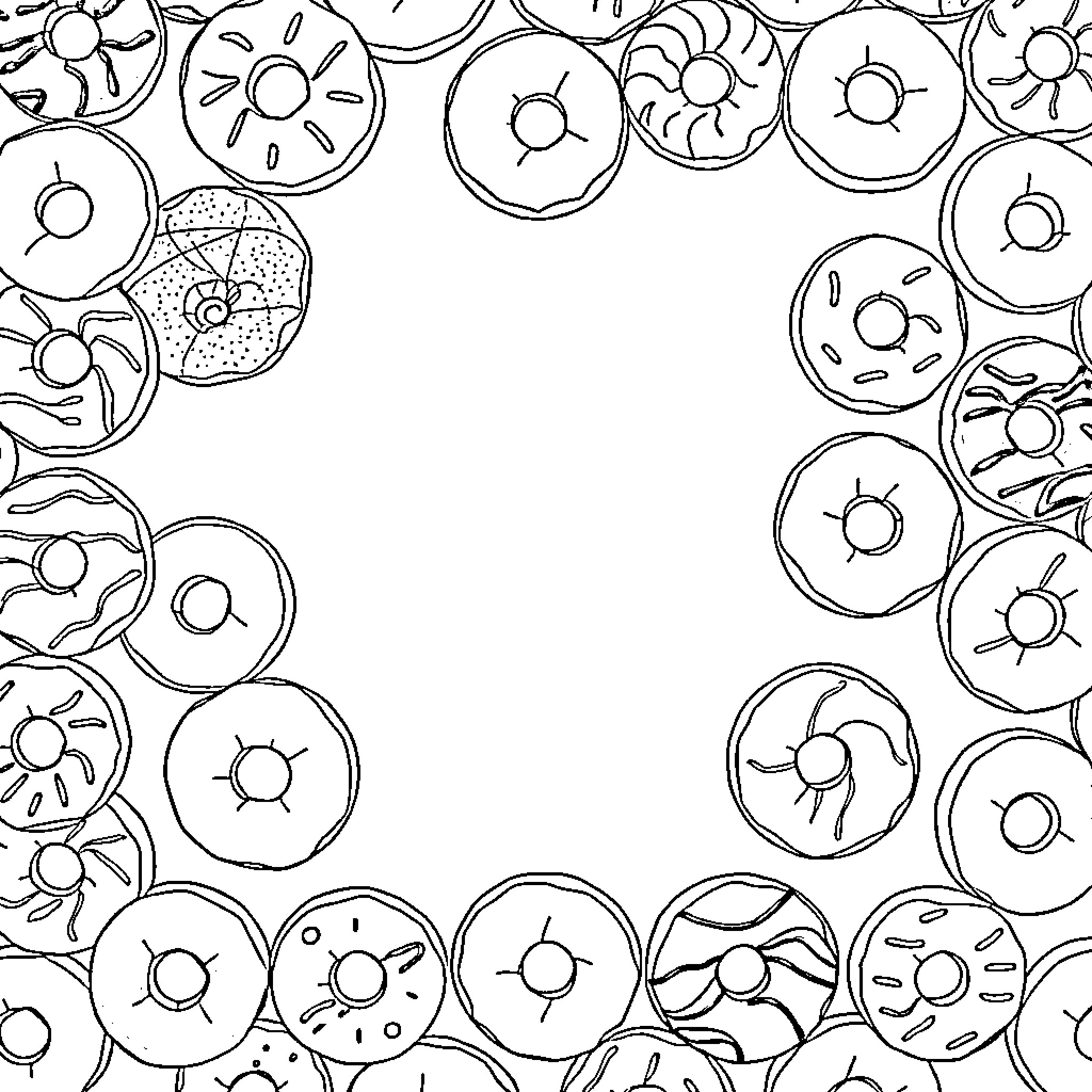 Donut Delight: A Playful Frame of Swirls and Shapes Coloring Page (free black-and-white line drawing printable PDF for all, from beginners to advanced learners, including children, teens, adults, and seniors)
