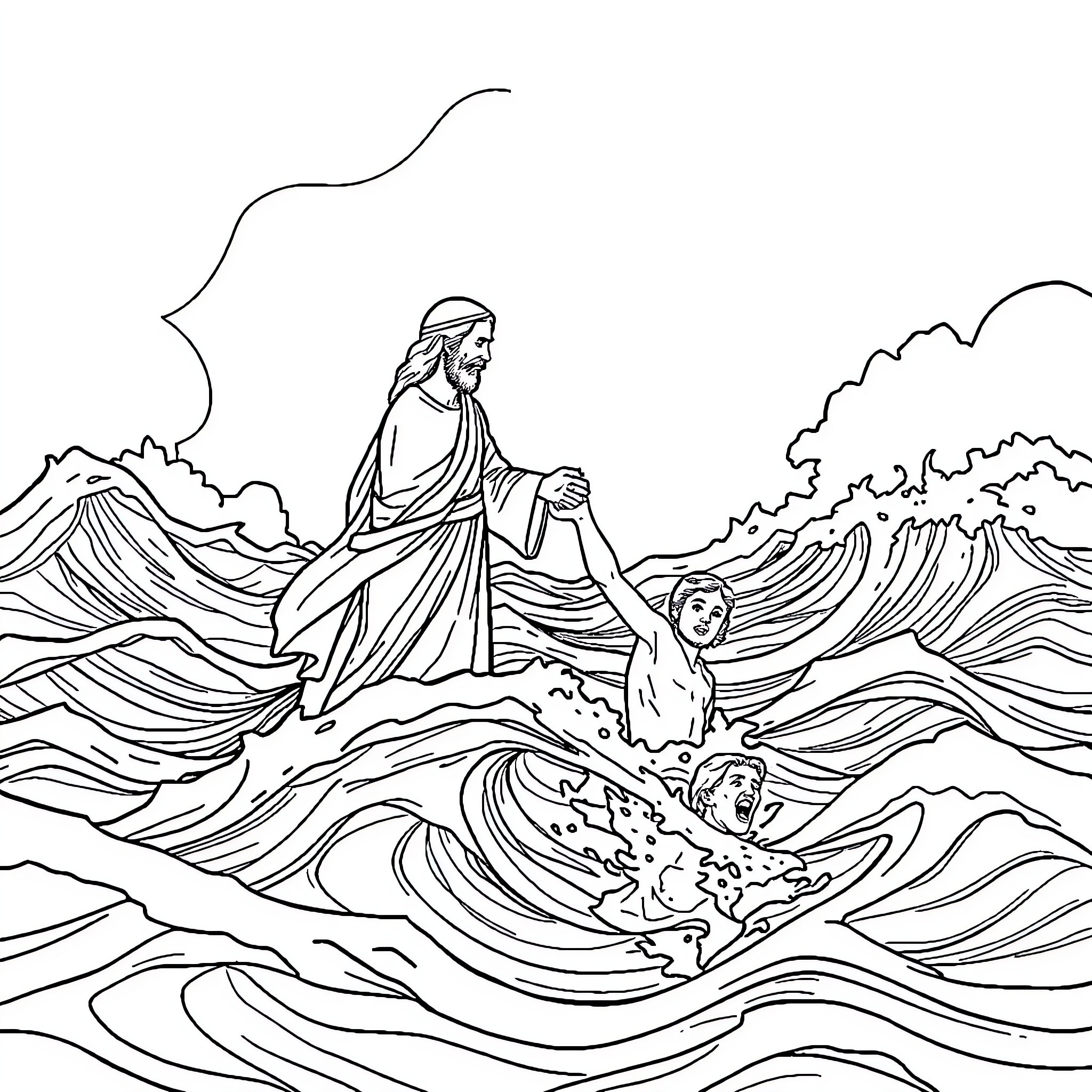 Jesus calming the stormy seas and saving his disciples Coloring Page (free black-and-white line drawing printable PDF for all, from beginners to advanced learners, including children, teens, adults, and seniors)