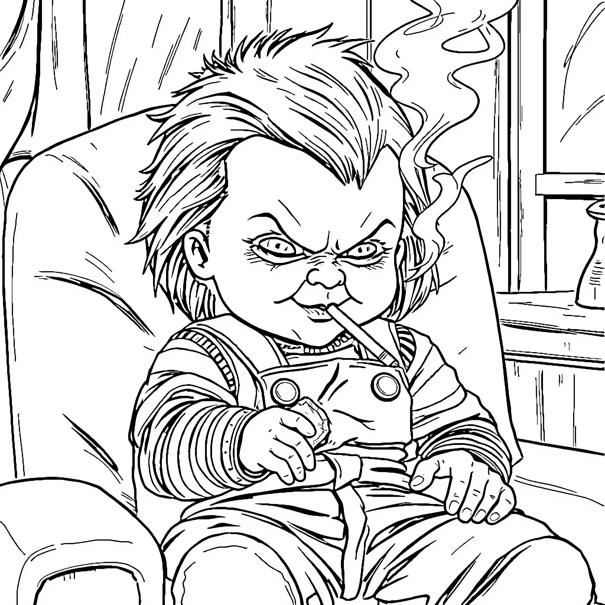 Chucky's Menacing Presence in the Shadows Coloring Page (free black-and-white line drawing printable PDF for all, from beginners to advanced learners, including children, teens, adults, and seniors)