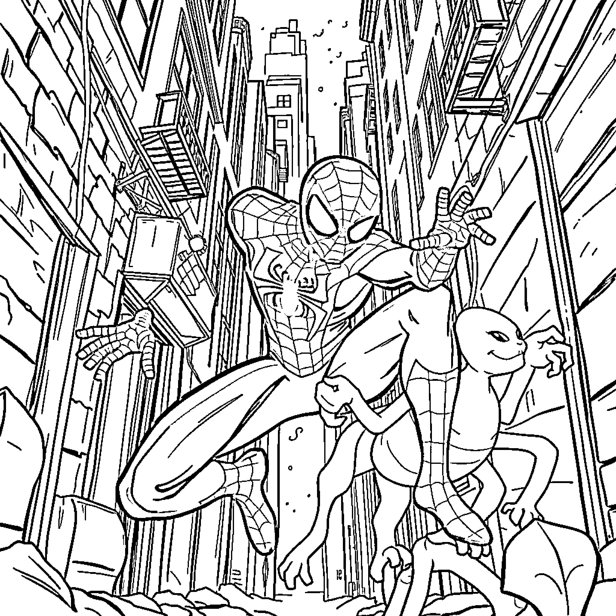 Spidey swinging through the city skyline Coloring Page (free black-and-white line drawing printable PDF for all, from beginners to advanced learners, including children, teens, adults, and seniors)