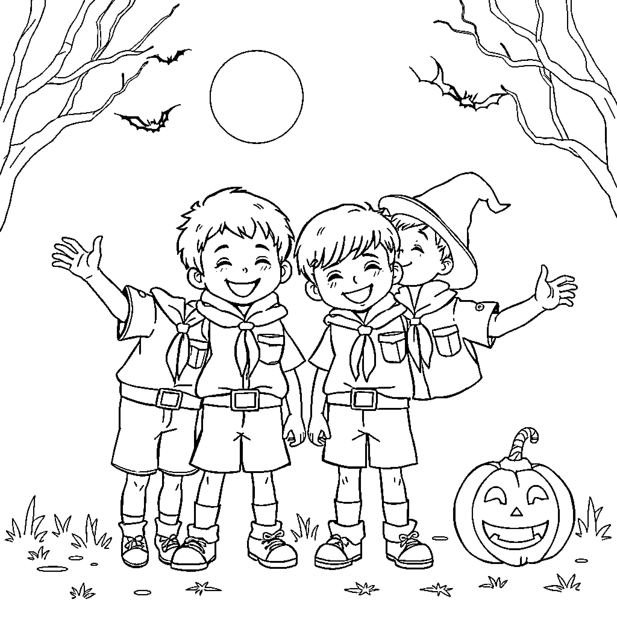 Scout Trick-or-Treaters Explore Haunted Forest Coloring Page (free black-and-white line drawing printable PDF for all, from beginners to advanced learners, including children, teens, adults, and seniors)