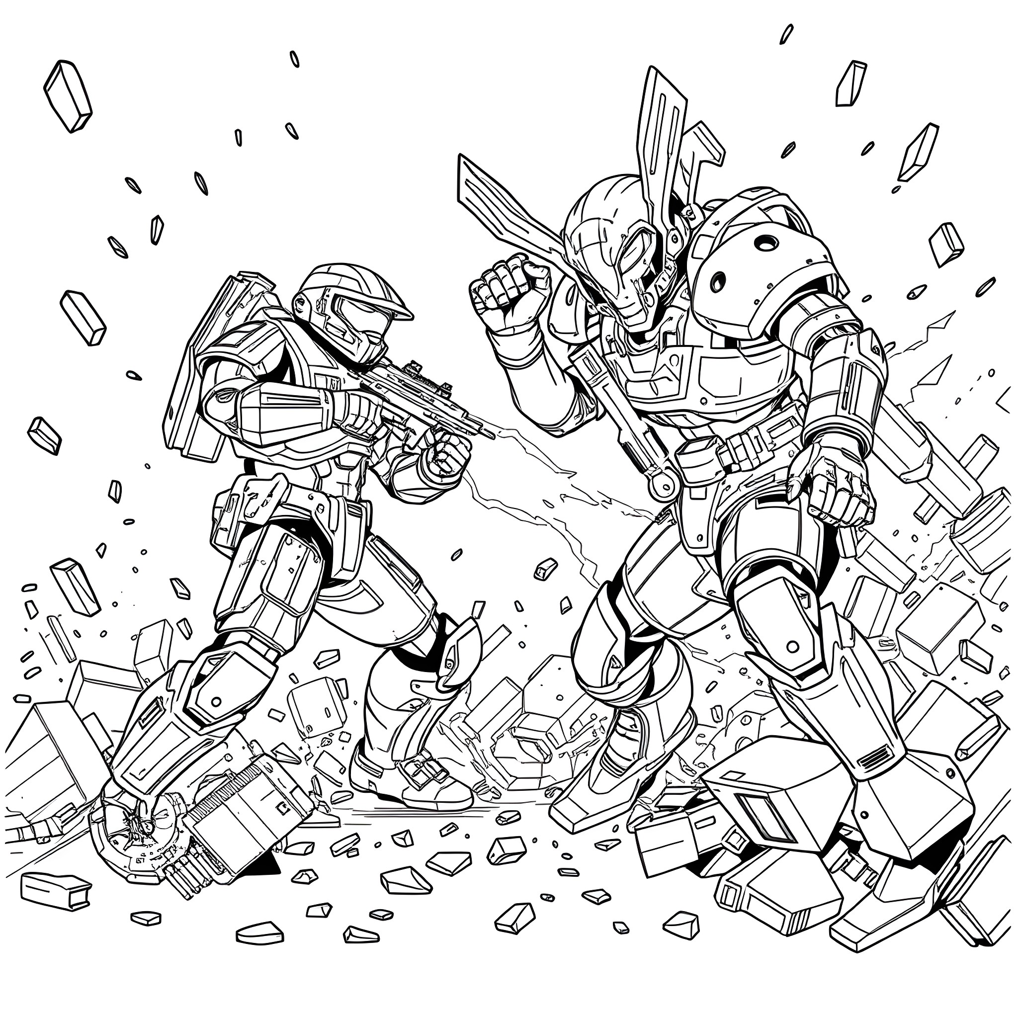 Master Chief in intense battle with enemy forces Coloring Page (free black-and-white line drawing printable PDF for all, from beginners to advanced learners, including children, teens, adults, and seniors)