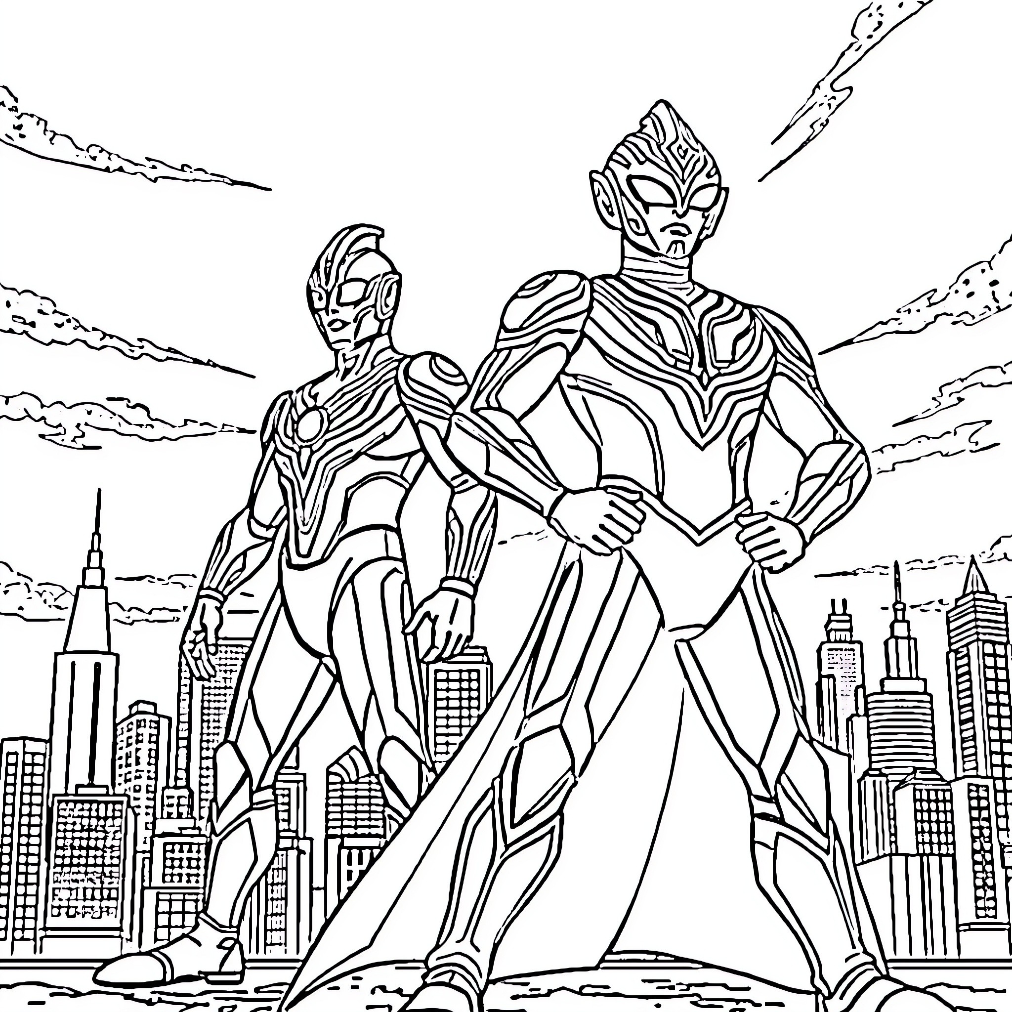 Ultraman heroes protecting the city Coloring Page (free black-and-white line drawing printable PDF for all, from beginners to advanced learners, including children, teens, adults, and seniors)