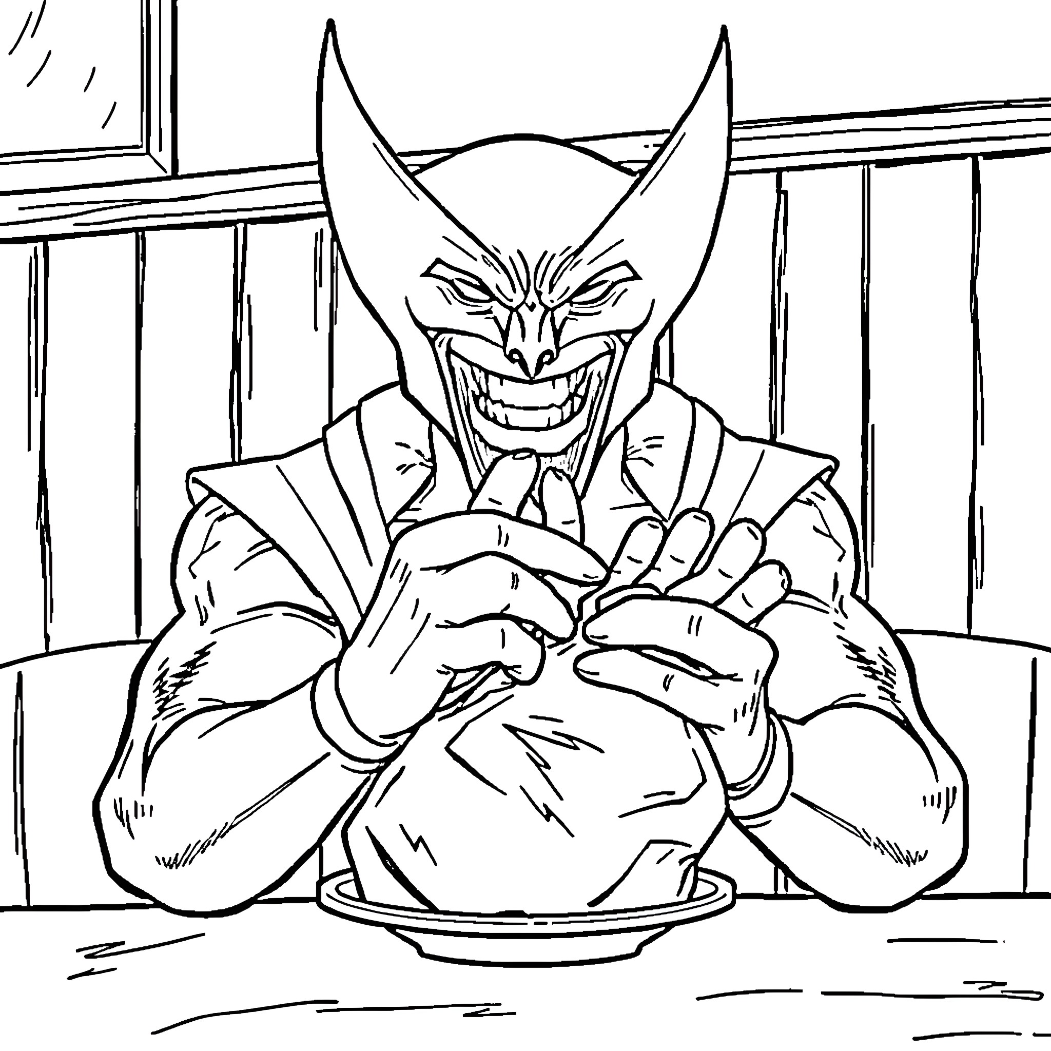 Wolverine's Sinister Grin in the Shadows Coloring Page (free black-and-white line drawing printable PDF for all, from beginners to advanced learners, including children, teens, adults, and seniors)