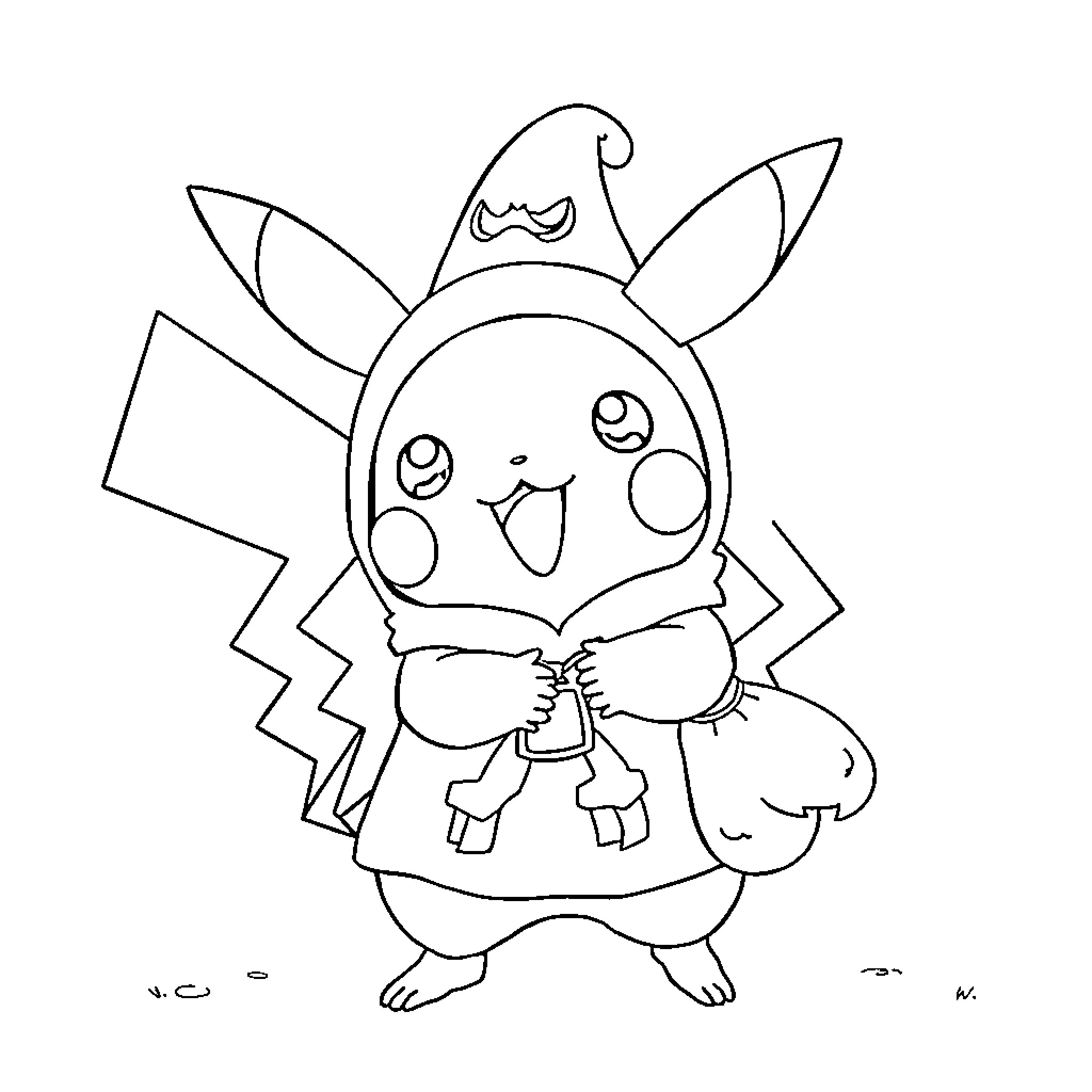 Pikachu wearing a funny hat and making a silly face Coloring Page (free black-and-white line drawing printable PDF for all, from beginners to advanced learners, including children, teens, adults, and seniors)