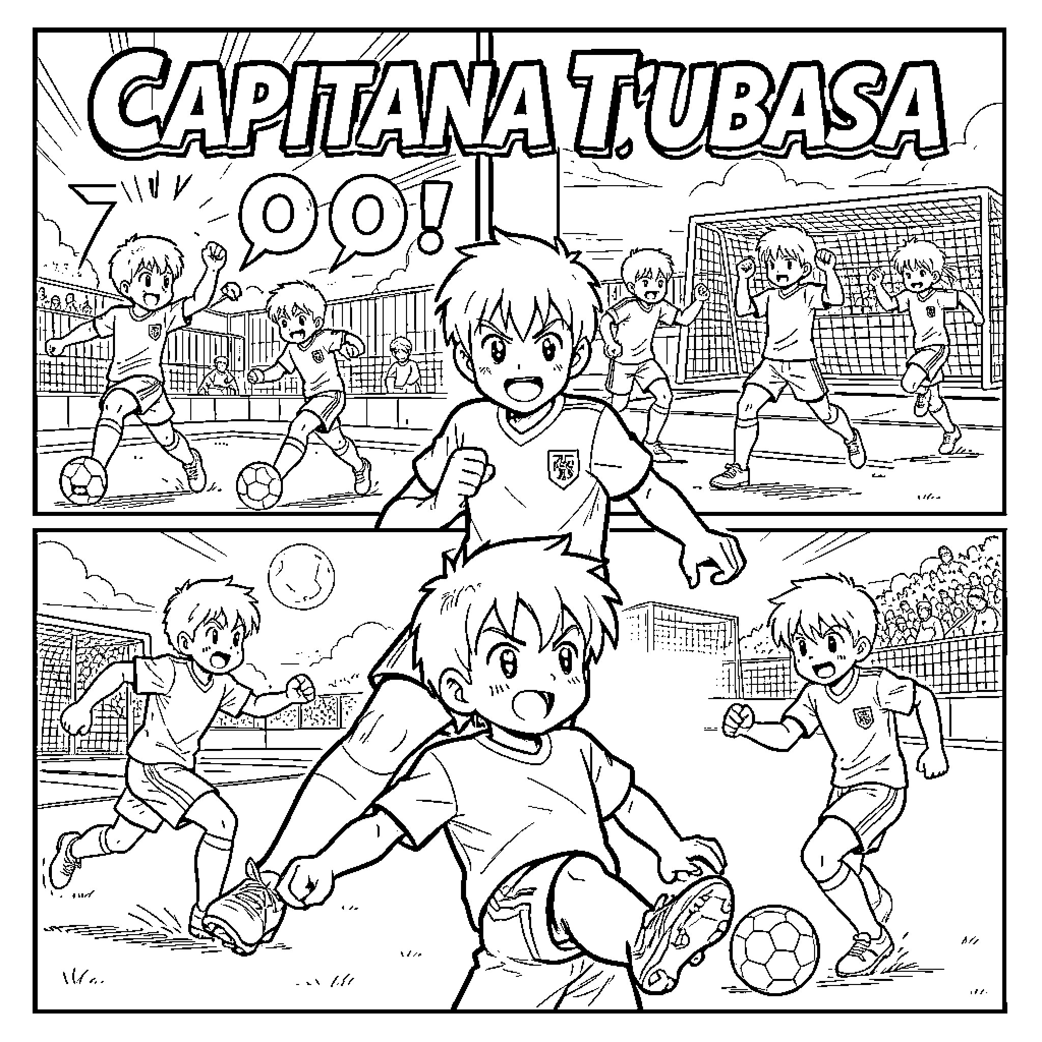 Capitana Tsubasa playing soccer with teammates on a field Coloring Page (free black-and-white line drawing printable PDF for all, from beginners to advanced learners, including children, teens, adults, and seniors)