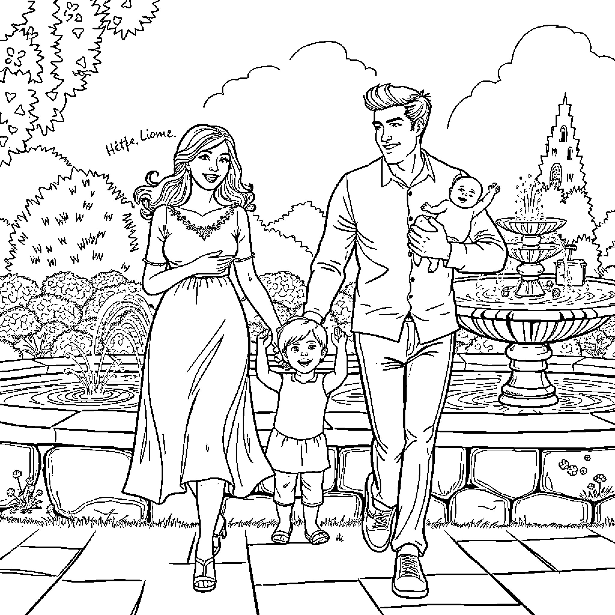 Couple and family enjoying a walk in the park Coloring Page (free black-and-white line drawing printable PDF for all, from beginners to advanced learners, including children, teens, adults, and seniors)