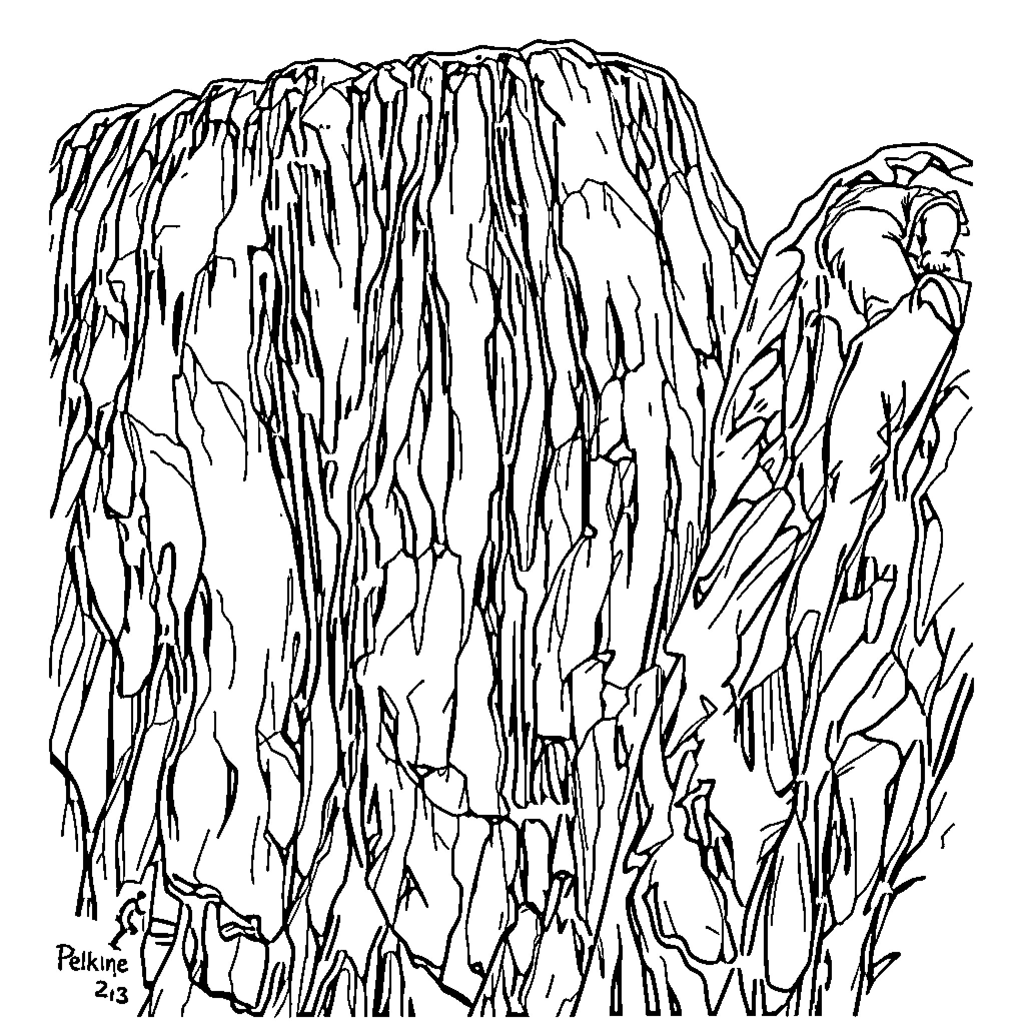 Climber scaling rugged rock formations Coloring Page (free black-and-white line drawing printable PDF for all, from beginners to advanced learners, including children, teens, adults, and seniors)