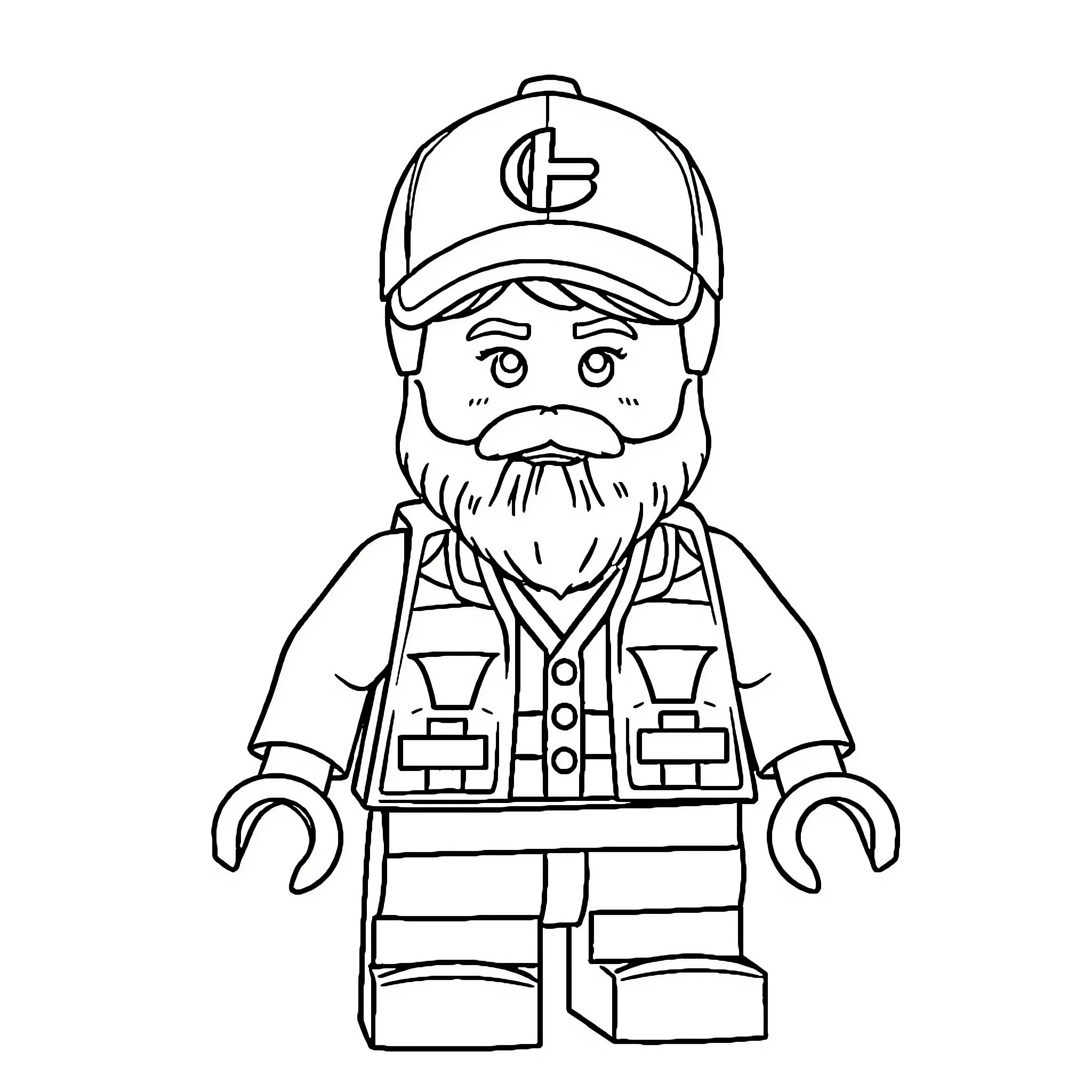Lego Minifig of a construction worker with a cap Coloring Page (free black-and-white line drawing printable PDF for all, from beginners to advanced learners, including children, teens, adults, and seniors)