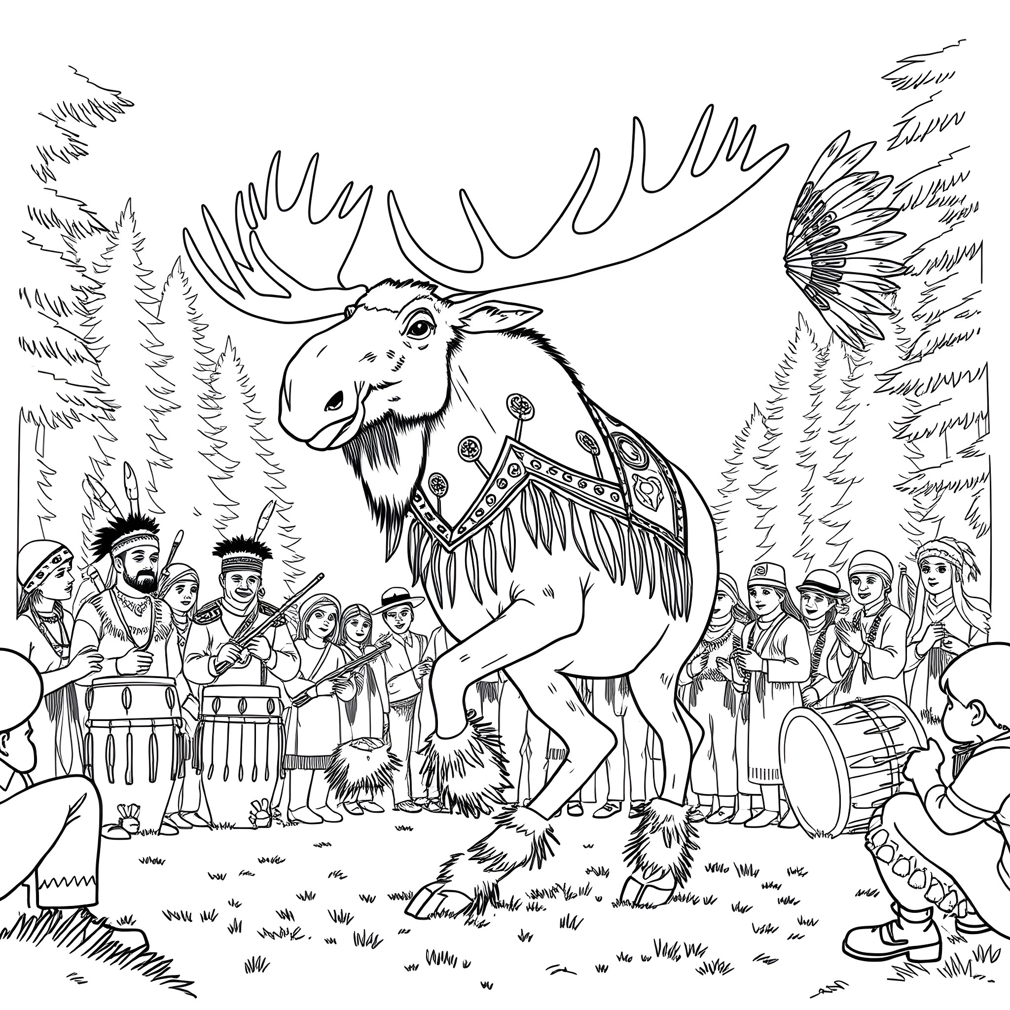 Moose performing in a tribal gathering Coloring Page (free black-and-white line drawing printable PDF for all, from beginners to advanced learners, including children, teens, adults, and seniors)