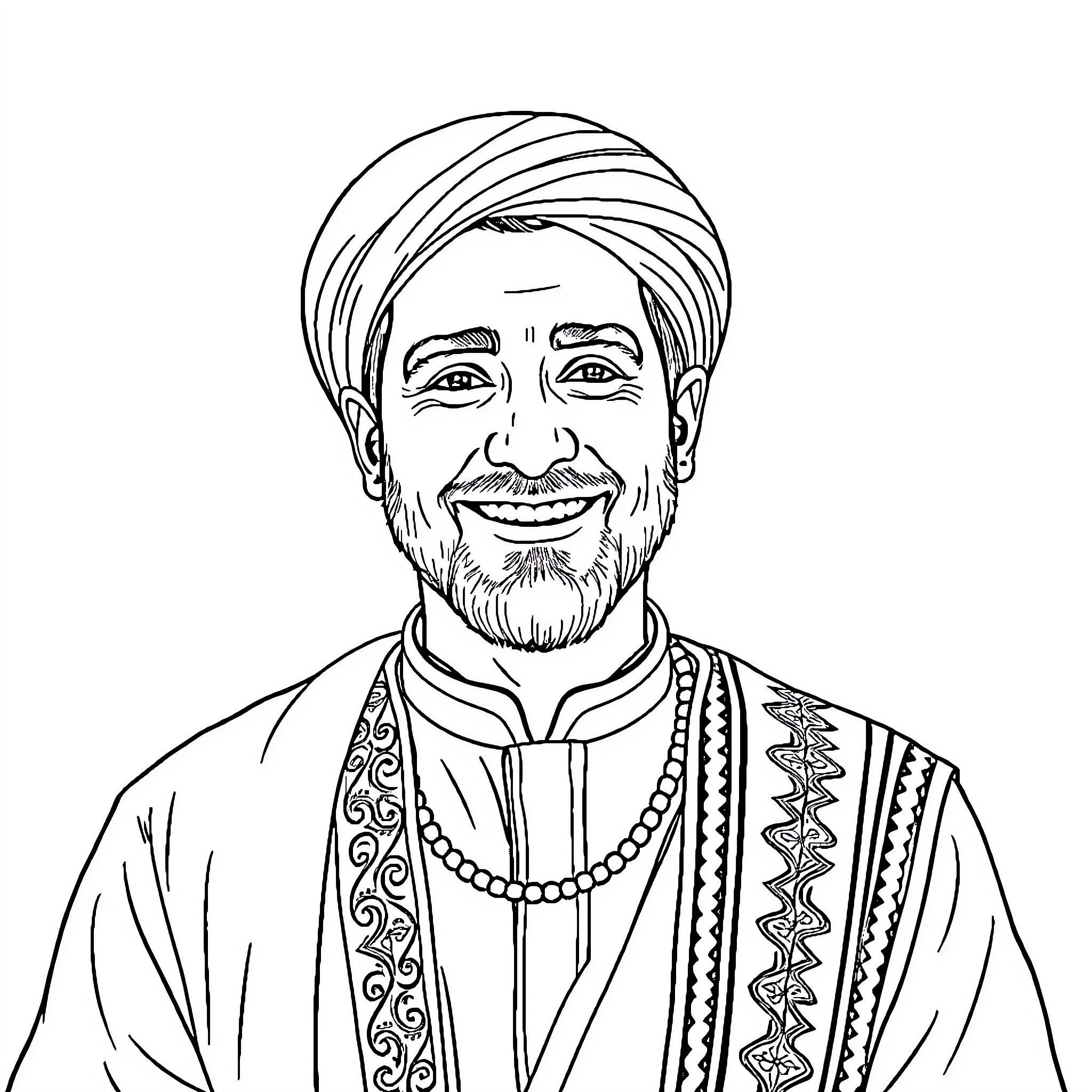 Iranian Man in Traditional Dress Smiling Warmly Coloring Page (free black-and-white line drawing printable PDF for all, from beginners to advanced learners, including children, teens, adults, and seniors)