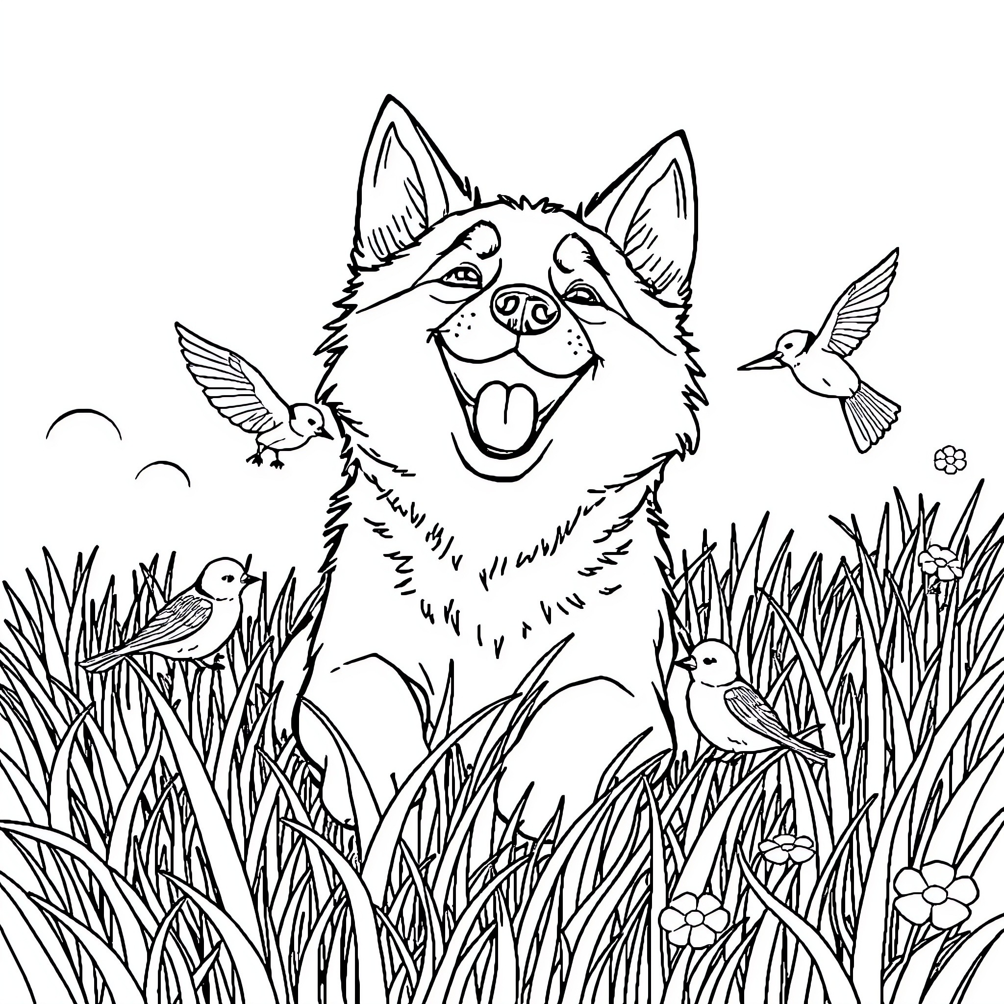 Husky enjoying nature's company Coloring Page (free black-and-white line drawing printable PDF for all, from beginners to advanced learners, including children, teens, adults, and seniors)