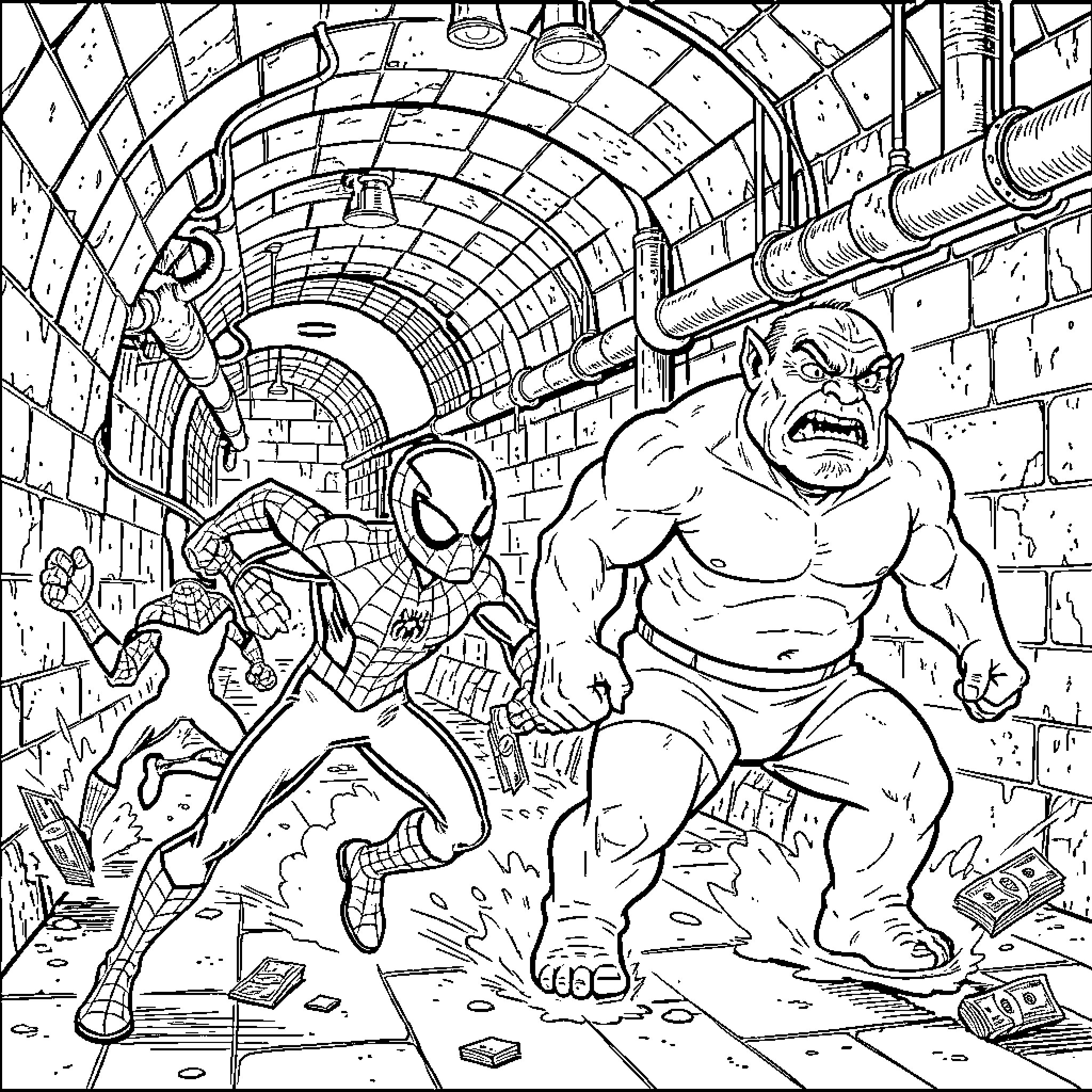Spider hero fighting a large muscular monster Coloring Page (free black-and-white line drawing printable PDF for all, from beginners to advanced learners, including children, teens, adults, and seniors)