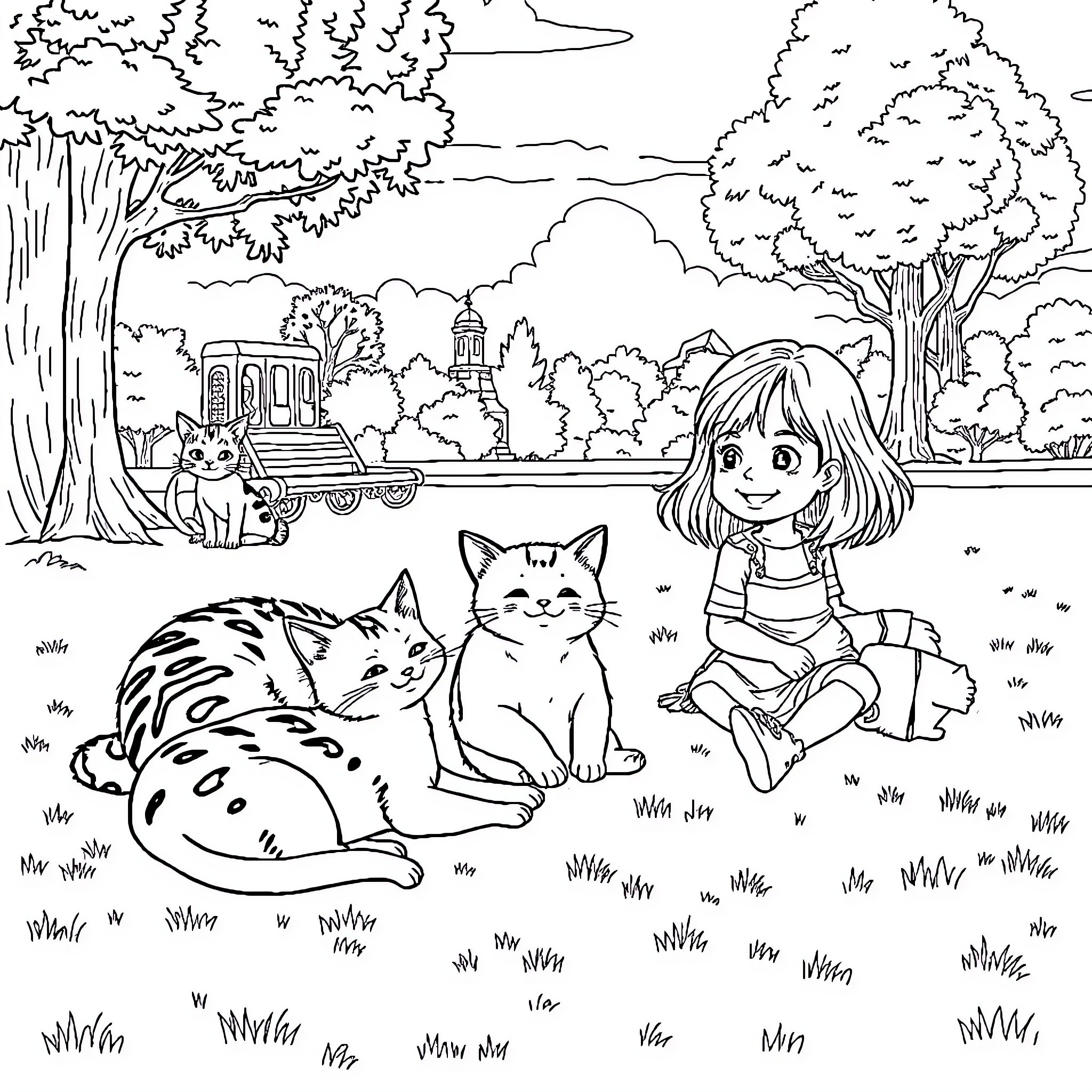 Cat with Girl in Peaceful Park Landscape Coloring Page (free black-and-white line drawing printable PDF for all, from beginners to advanced learners, including children, teens, adults, and seniors)