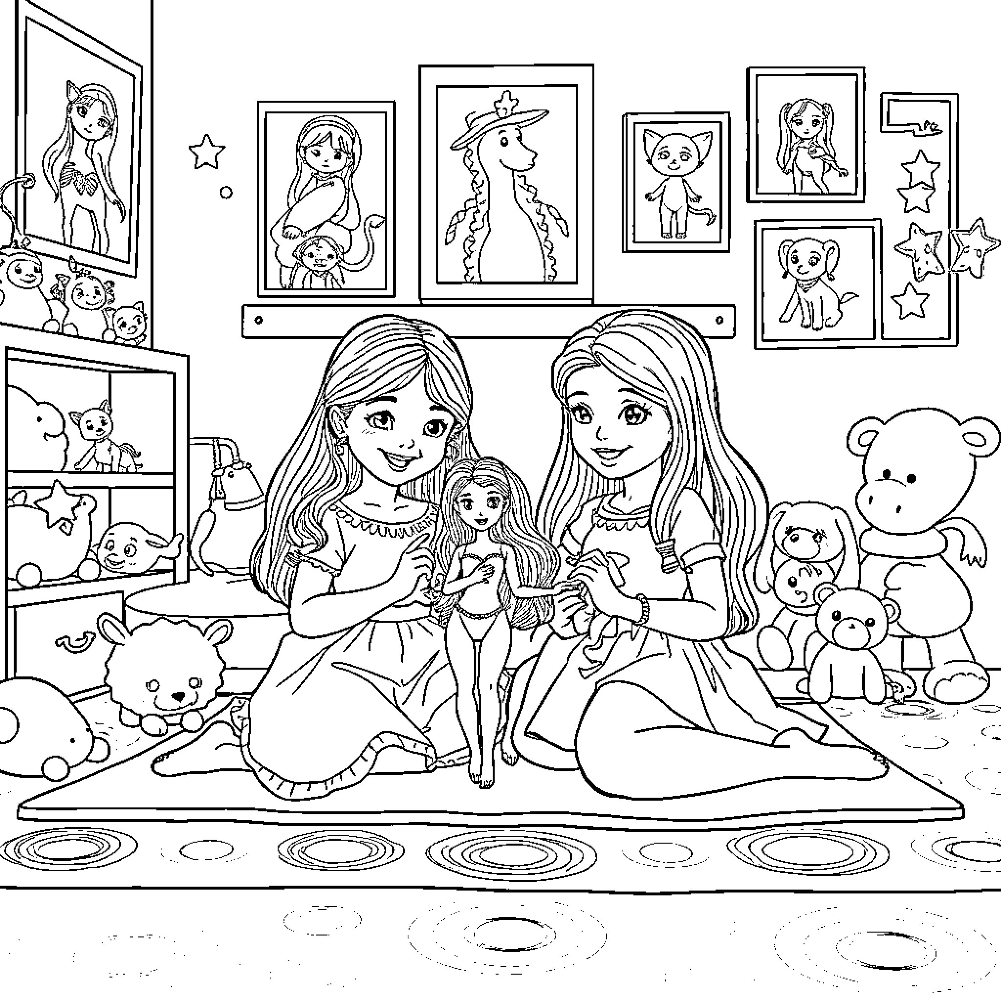 Girls playing with dolls in a cozy room Coloring Page (free black-and-white line drawing printable PDF for all, from beginners to advanced learners, including children, teens, adults, and seniors)