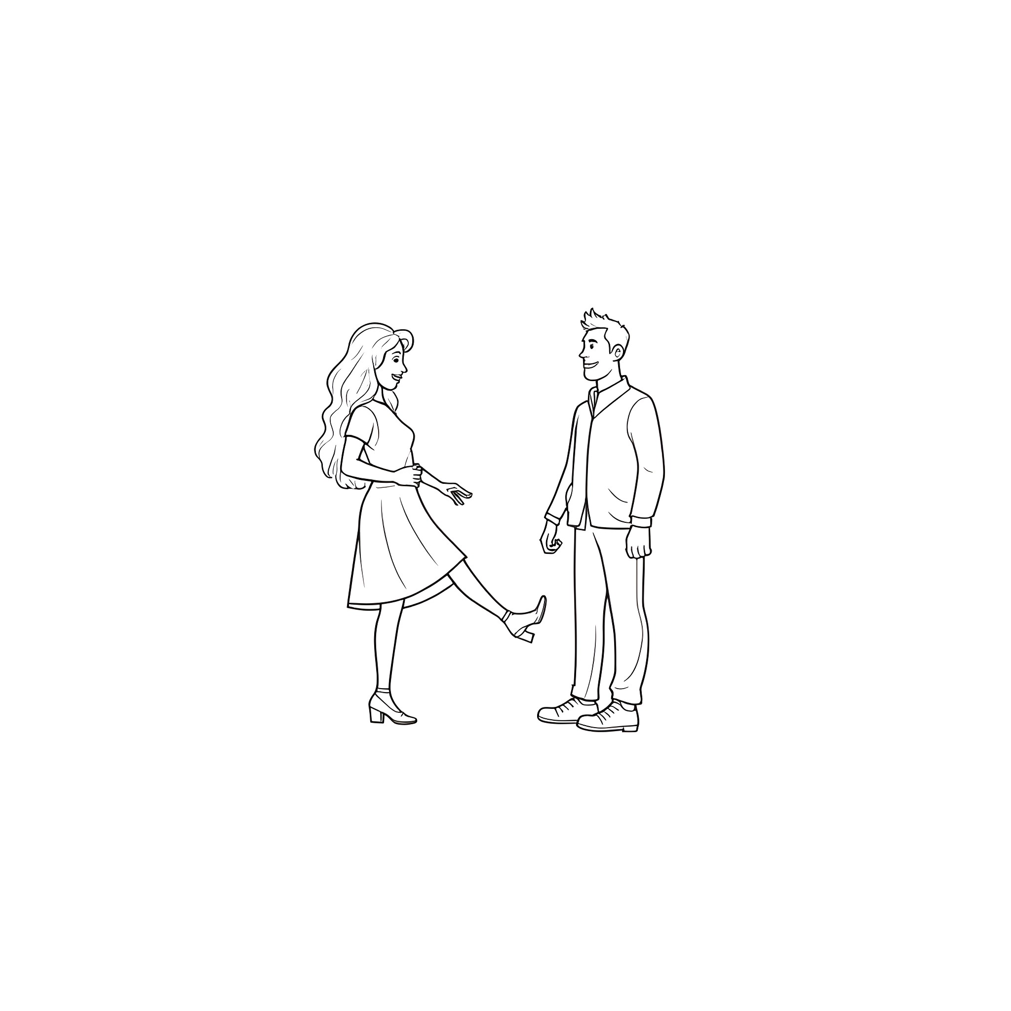Man and woman conversing in casual attire Coloring Page (free black-and-white line drawing printable PDF for all, from beginners to advanced learners, including children, teens, adults, and seniors)