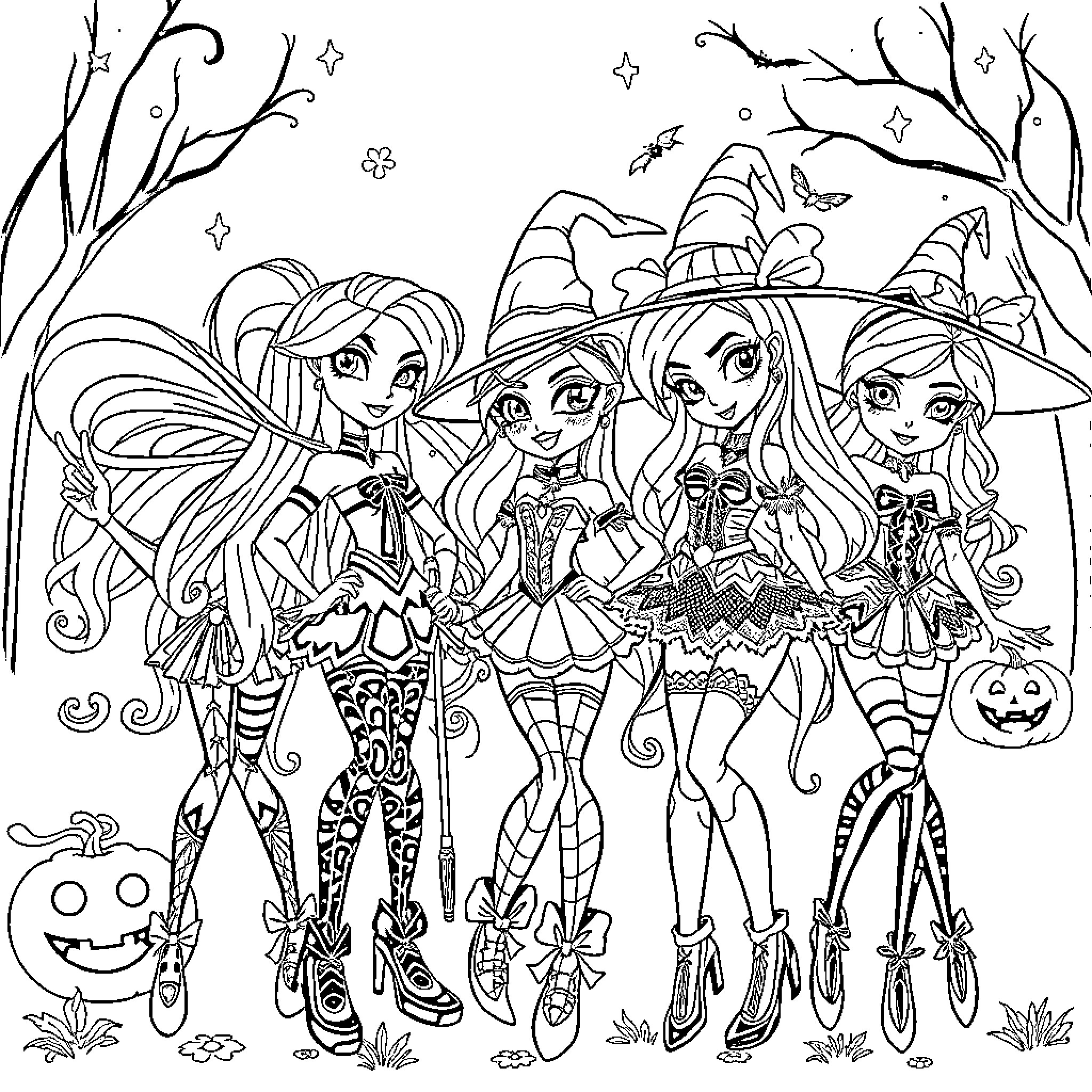 Winx Fairies Celebrating Halloween in Enchanting Outfits Coloring Page (free black-and-white line drawing printable PDF for all, from beginners to advanced learners, including children, teens, adults, and seniors)