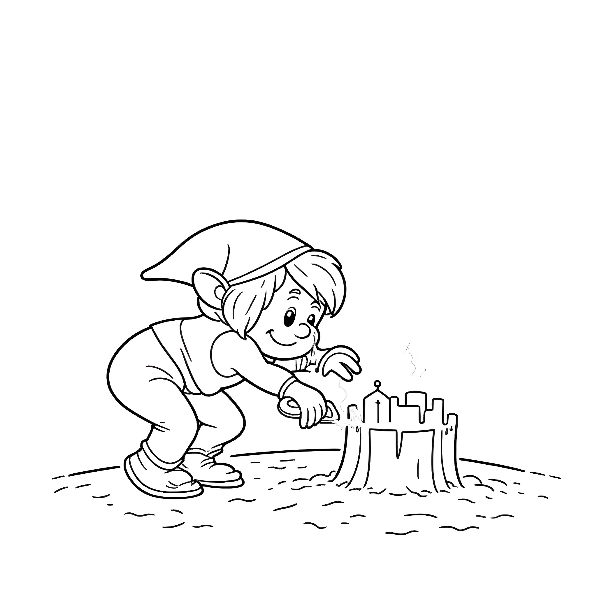 Dwarf sculpting a sand castle on the beach Coloring Page (free black-and-white line drawing printable PDF for all, from beginners to advanced learners, including children, teens, adults, and seniors)