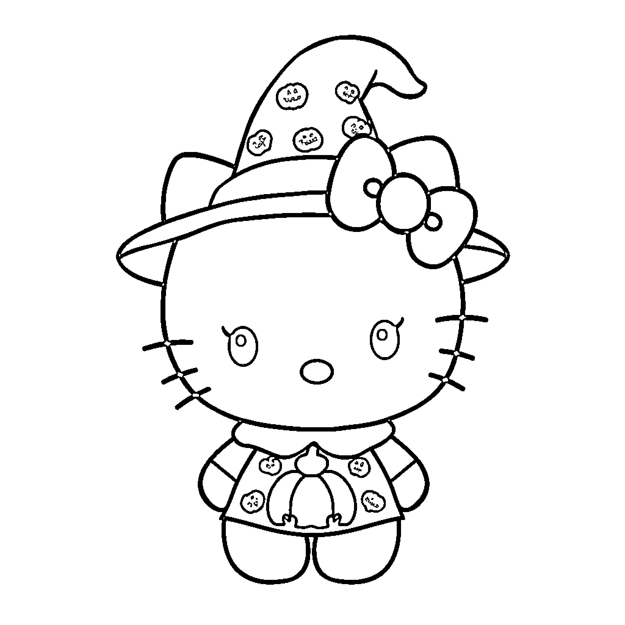 Hello Kitty wearing a polka dot hat Coloring Page (free black-and-white line drawing printable PDF for all, from beginners to advanced learners, including children, teens, adults, and seniors)