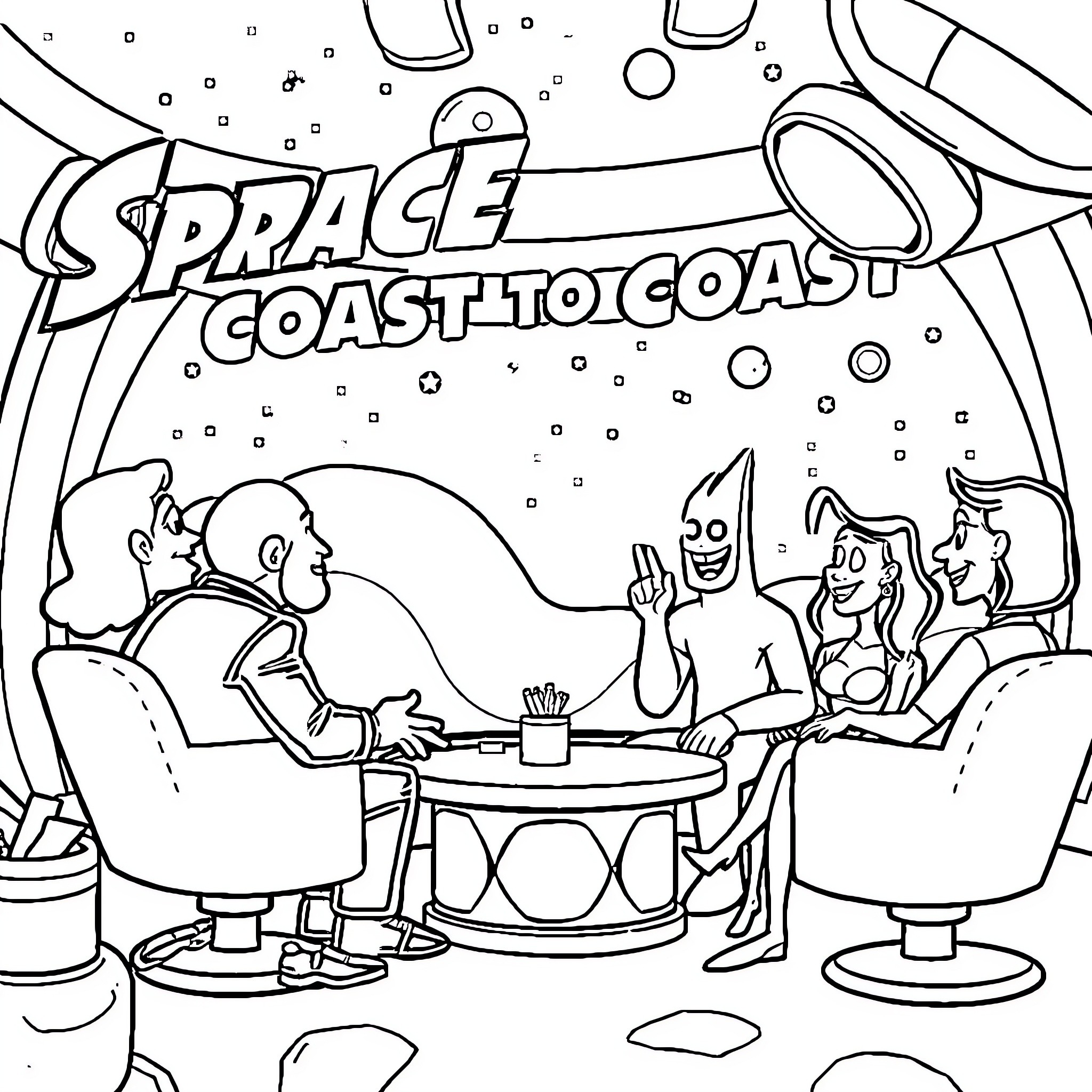 Space Ghost Enjoying Cosmic Company at the Coast to Coast Coloring Page (free black-and-white line drawing printable PDF for all, from beginners to advanced learners, including children, teens, adults, and seniors)