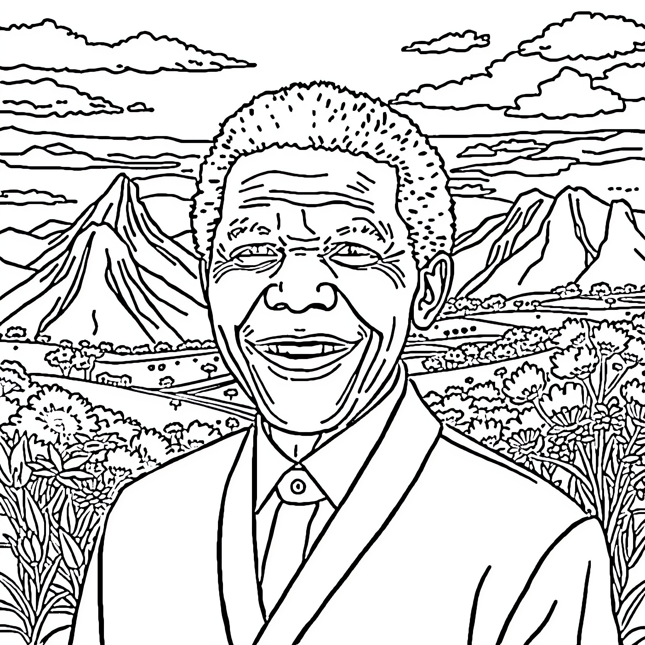 Mandala Portrait of a Smiling Man in the Landscape Coloring Page (free black-and-white line drawing printable PDF for all, from beginners to advanced learners, including children, teens, adults, and seniors)