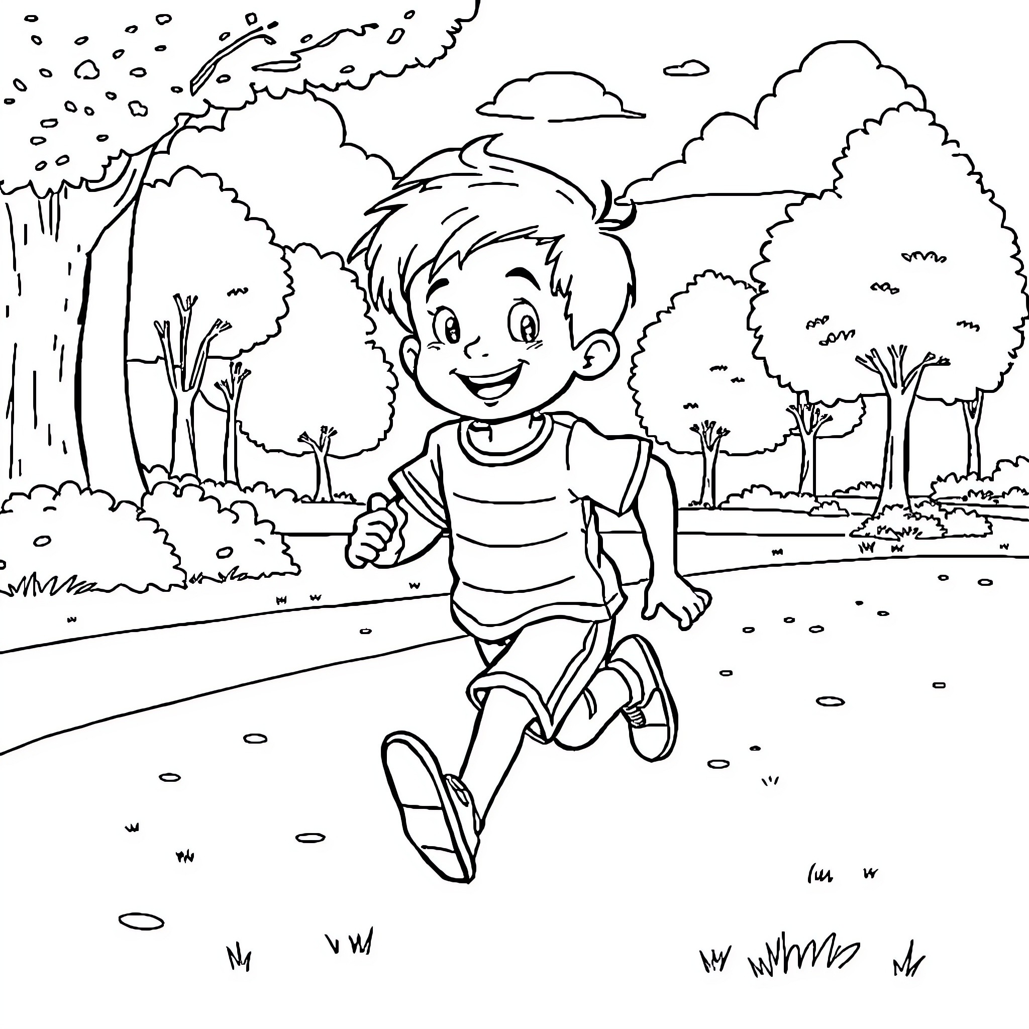 Child running happily in the park Coloring Page (free black-and-white line drawing printable PDF for all, from beginners to advanced learners, including children, teens, adults, and seniors)