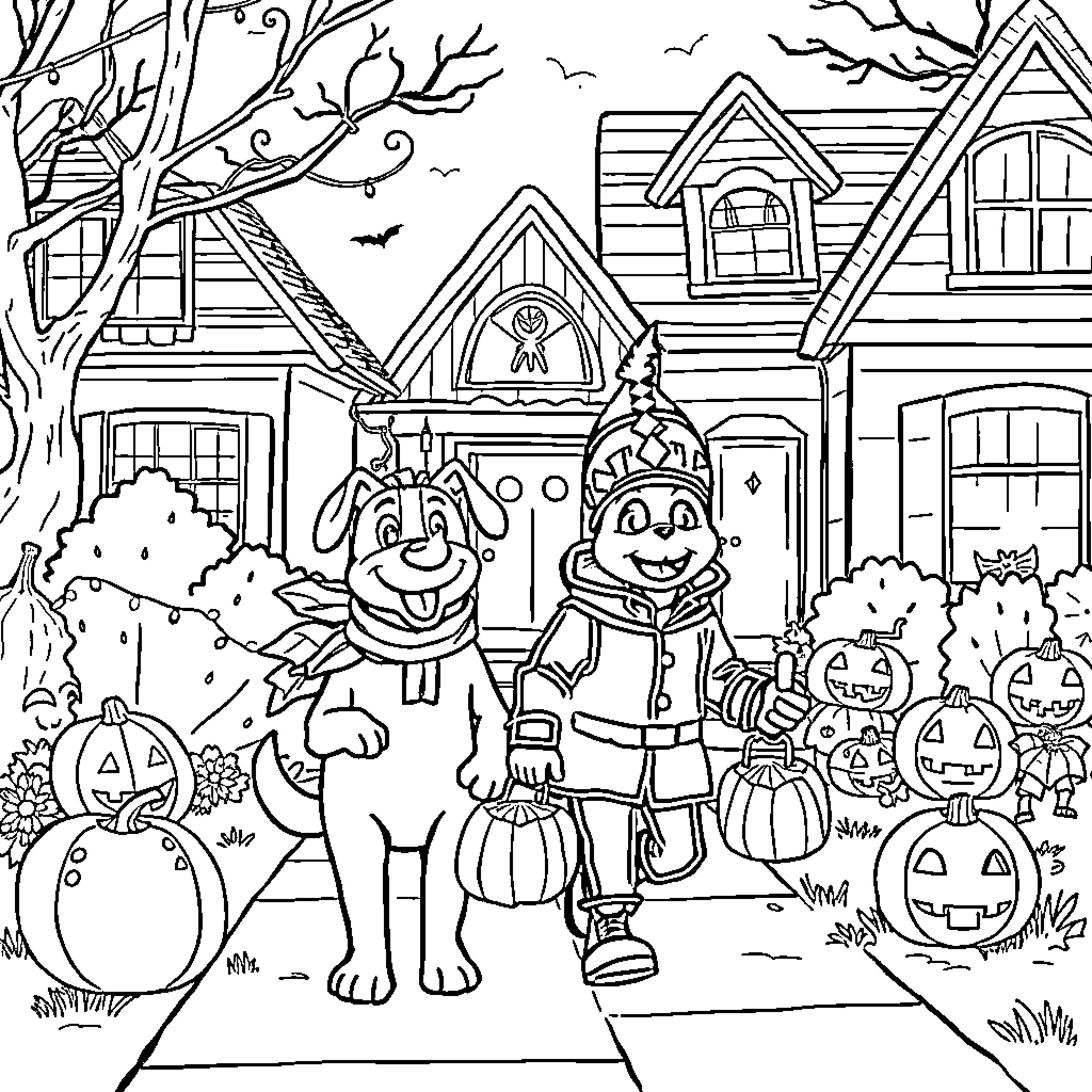 Dogman and friends celebrate Halloween in a spooky neighborhood Coloring Page (free black-and-white line drawing printable PDF for all, from beginners to advanced learners, including children, teens, adults, and seniors)