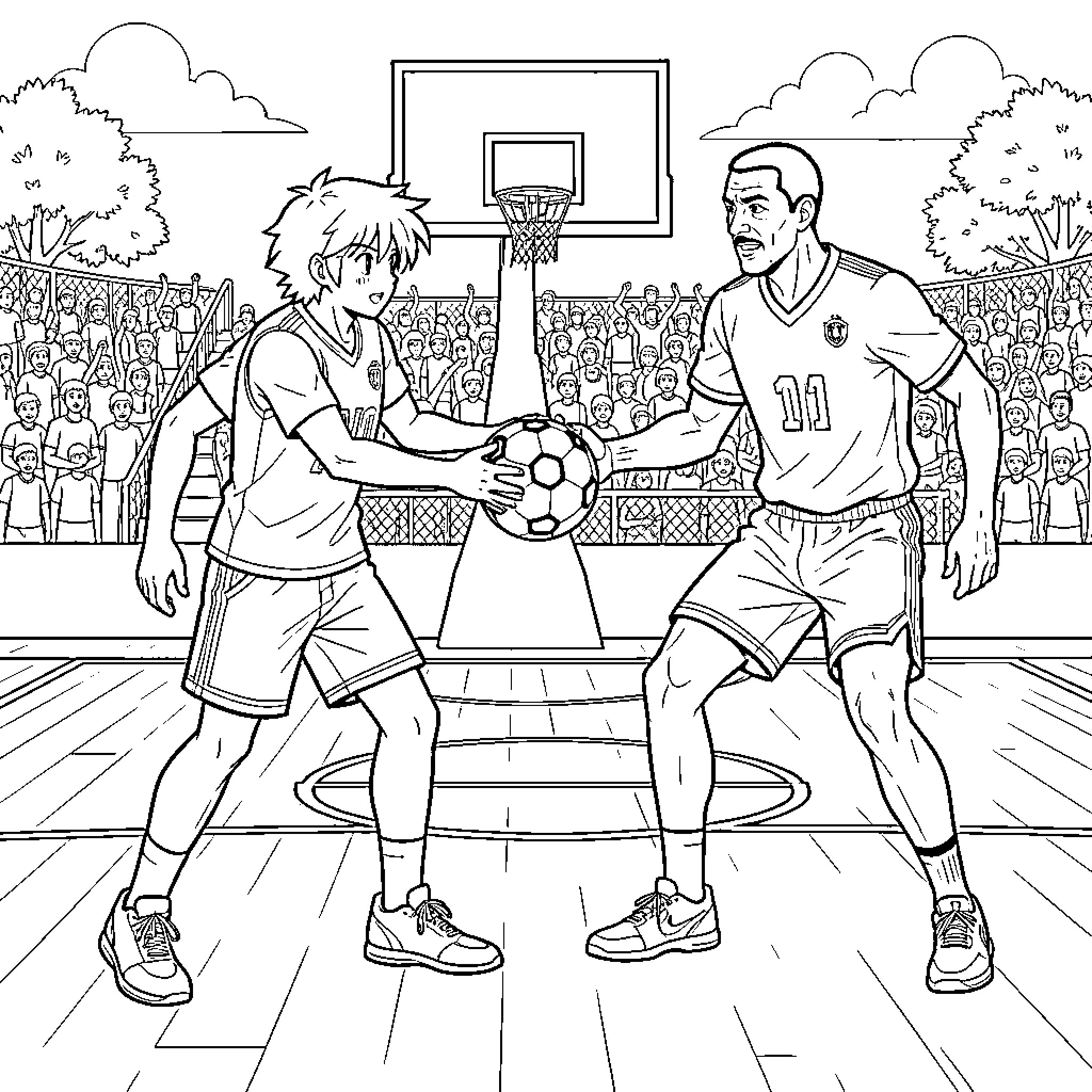 Zidane playing soccer on a basketball court Coloring Page (free black-and-white line drawing printable PDF for all, from beginners to advanced learners, including children, teens, adults, and seniors)