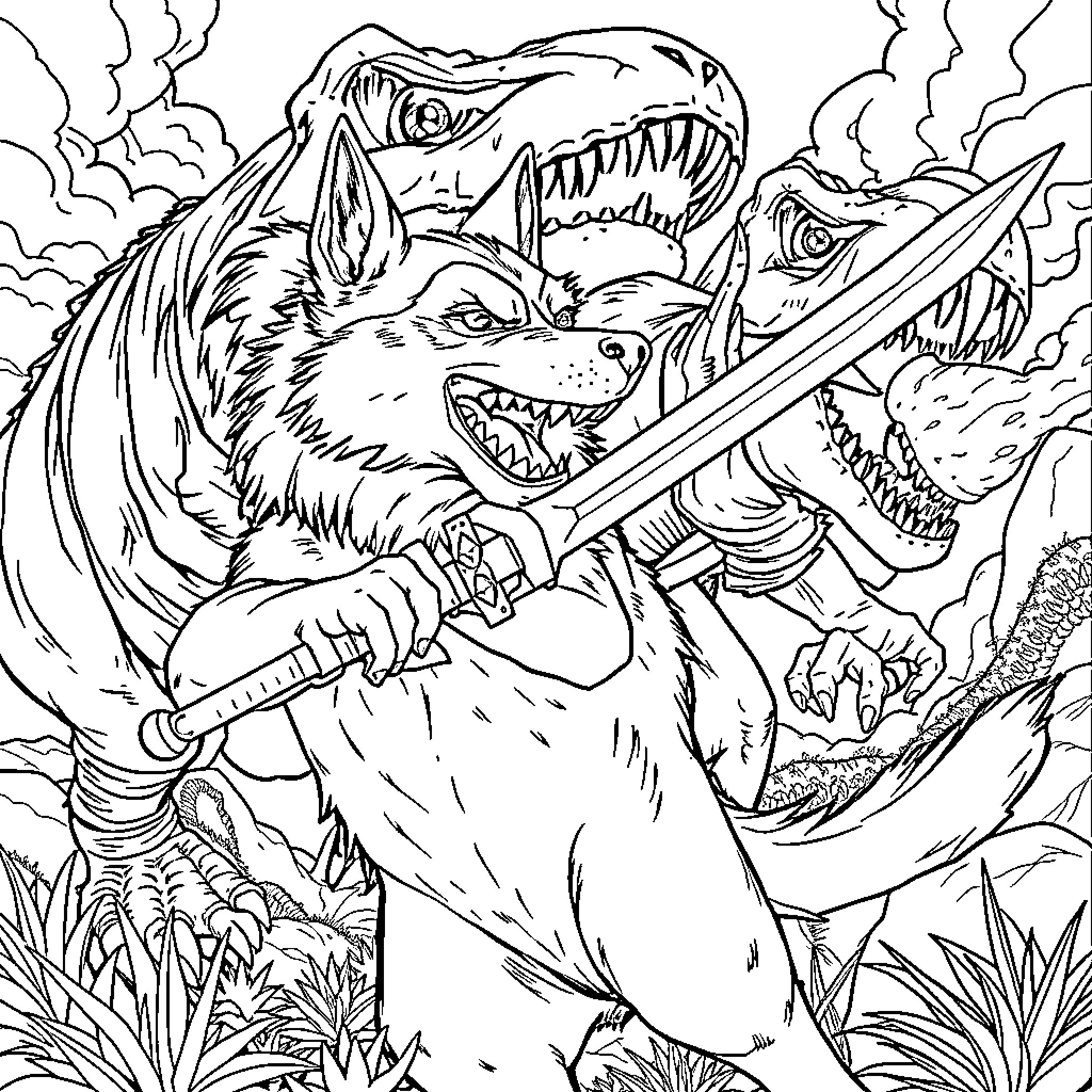 Husky warriors battling fierce dinosaurs Coloring Page (free black-and-white line drawing printable PDF for all, from beginners to advanced learners, including children, teens, adults, and seniors)
