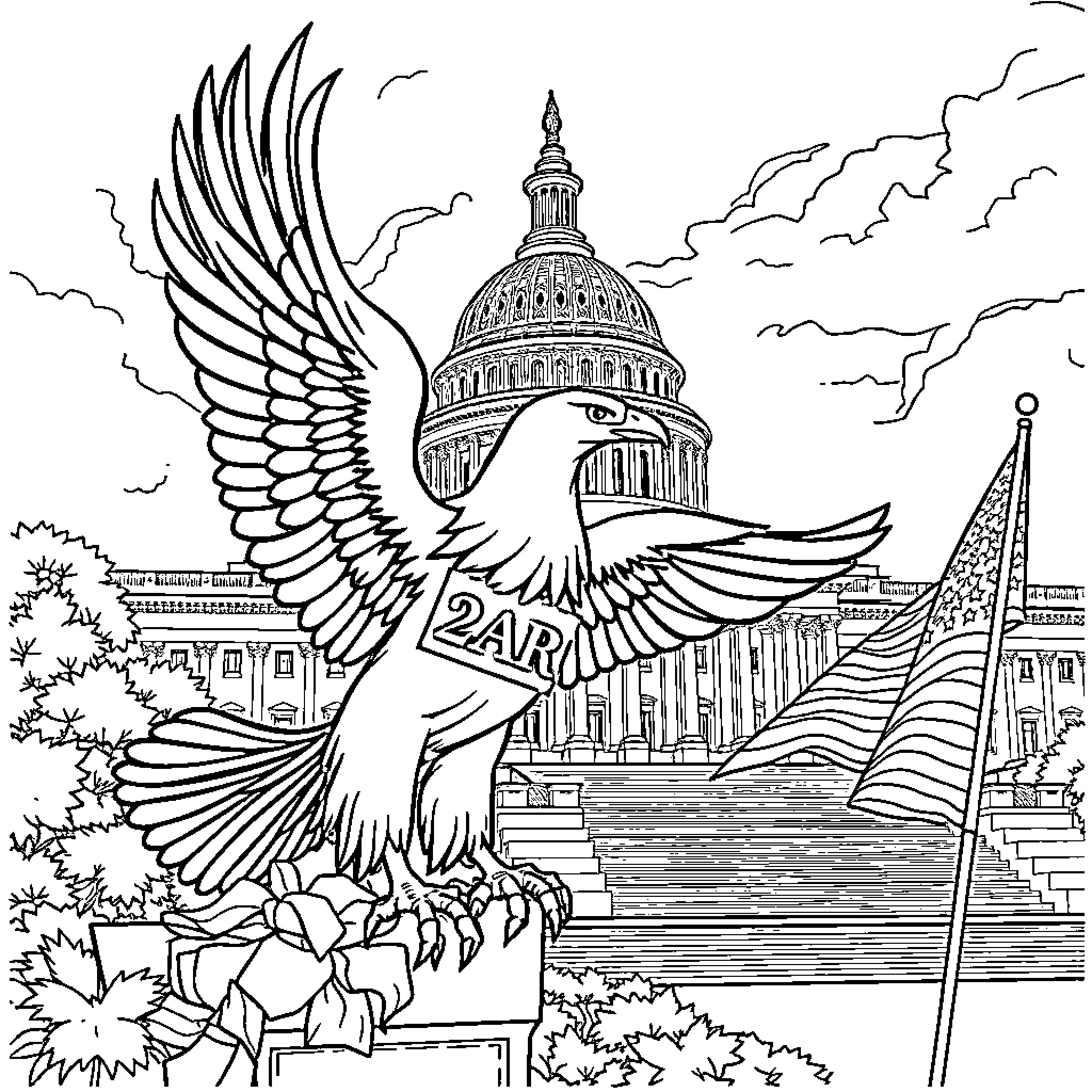 Eagle soaring over the majestic United States Capitol Coloring Page (free black-and-white line drawing printable PDF for all, from beginners to advanced learners, including children, teens, adults, and seniors)