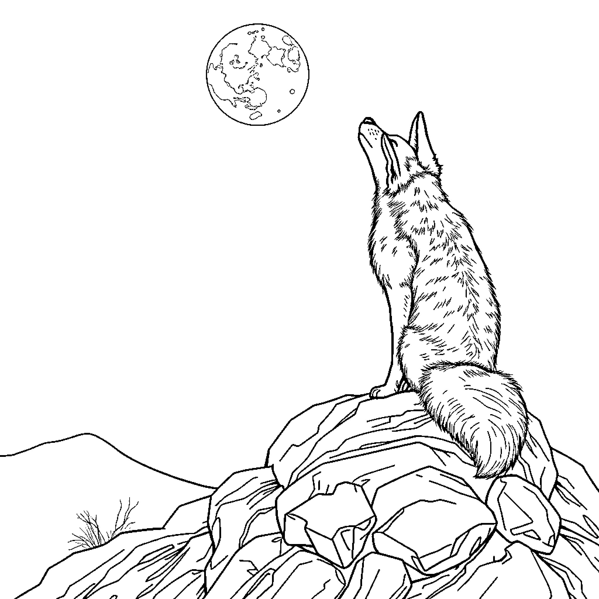 Coyote howling at the moon on a rocky cliff Coloring Page (free black-and-white line drawing printable PDF for all, from beginners to advanced learners, including children, teens, adults, and seniors)