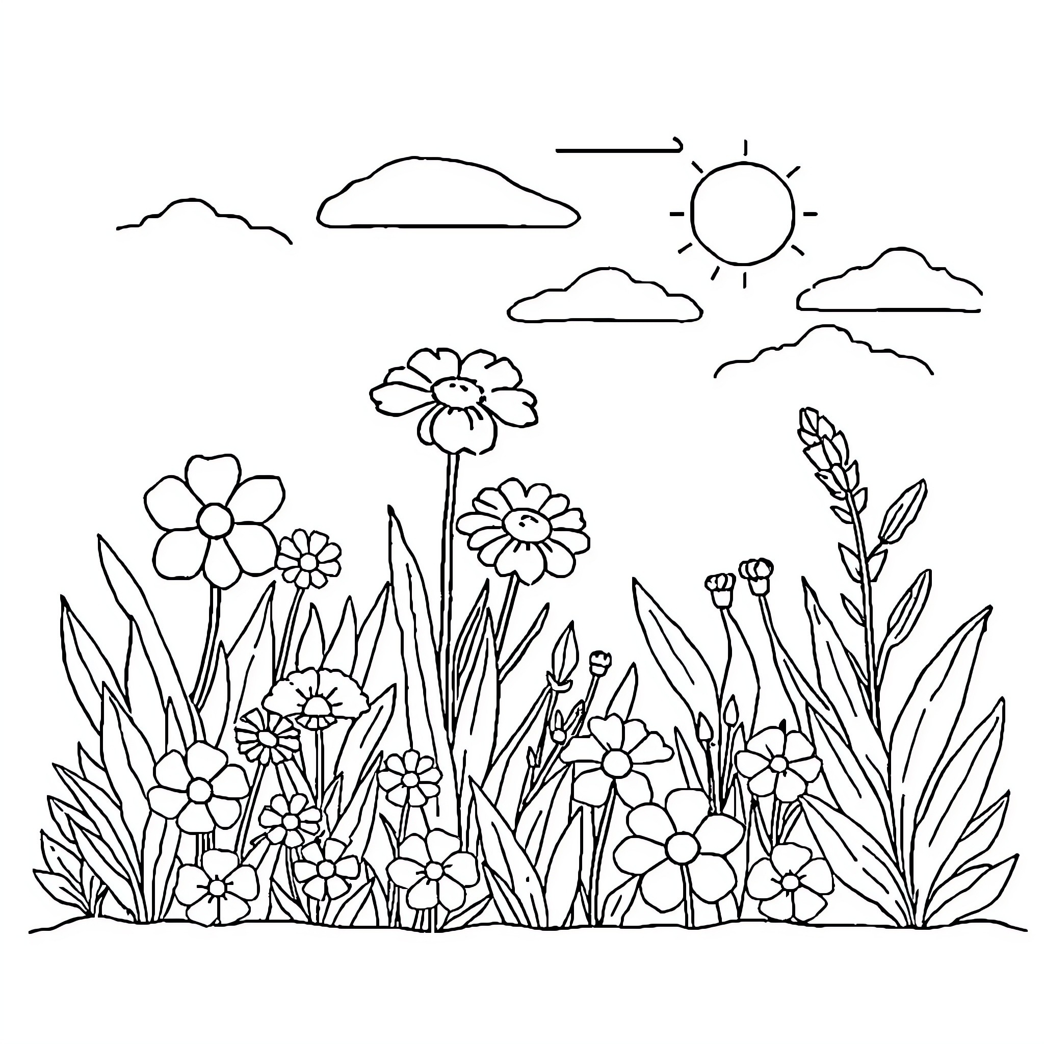 Garden filled with cheerful flowers under a sunny sky Coloring Page (free black-and-white line drawing printable PDF for all, from beginners to advanced learners, including children, teens, adults, and seniors)