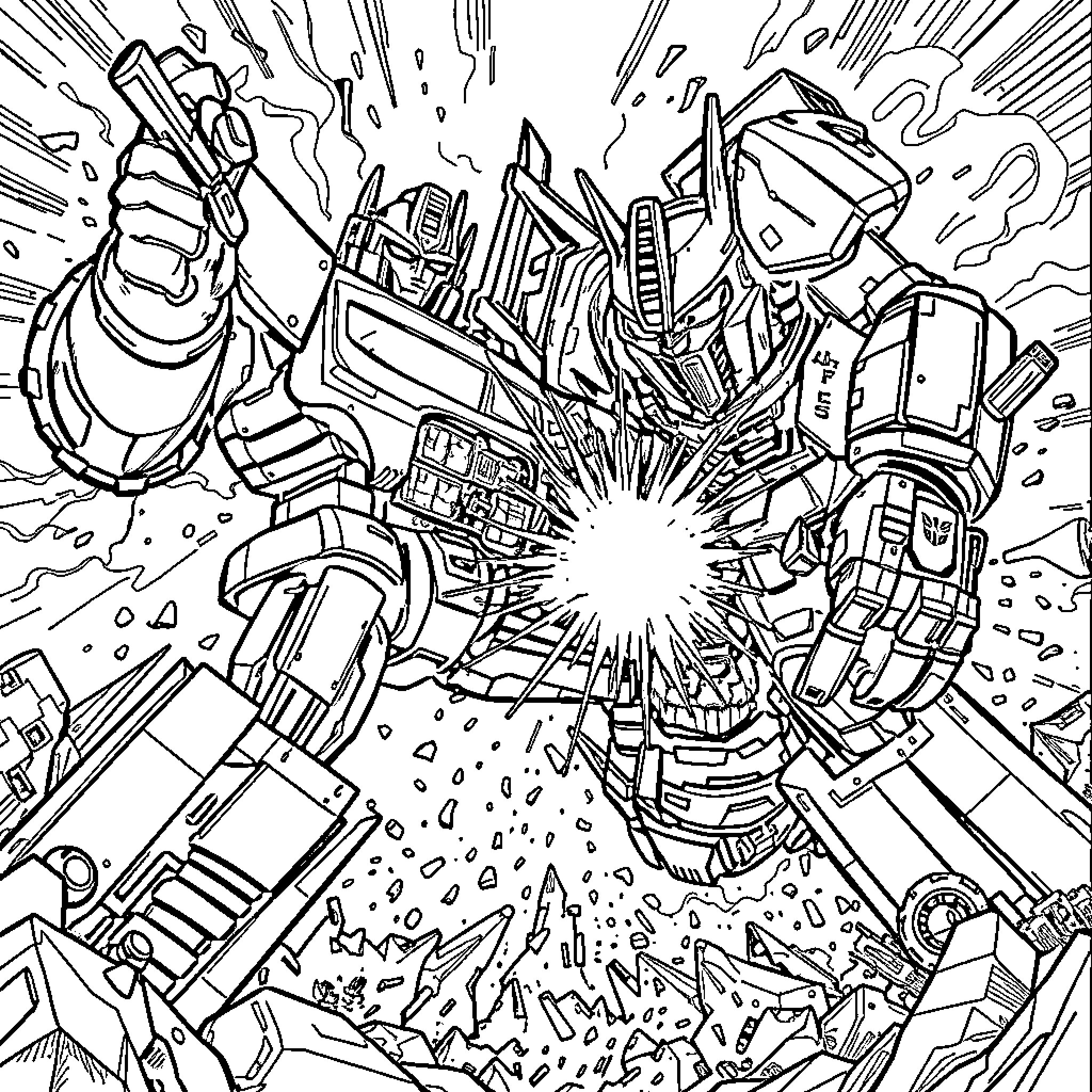 Transformer robots engaging in explosive action Coloring Page (free black-and-white line drawing printable PDF for all, from beginners to advanced learners, including children, teens, adults, and seniors)