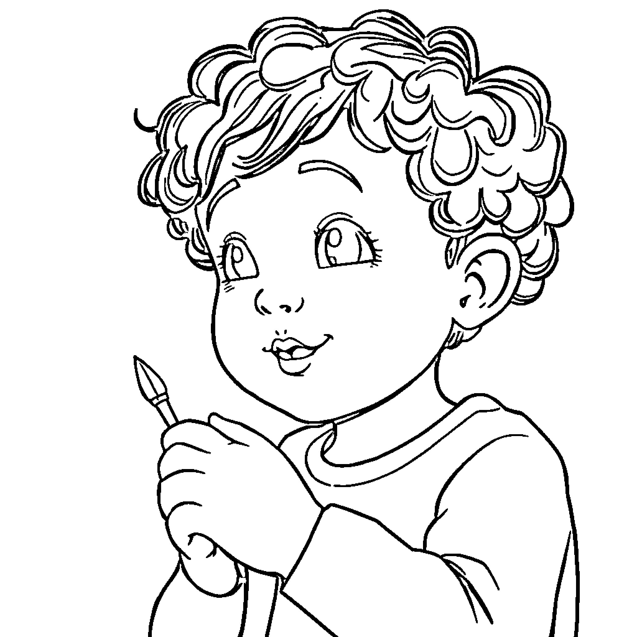 Sorda Curious Child with Whimsical Hair Coloring Page (free black-and-white line drawing printable PDF for all, from beginners to advanced learners, including children, teens, adults, and seniors)