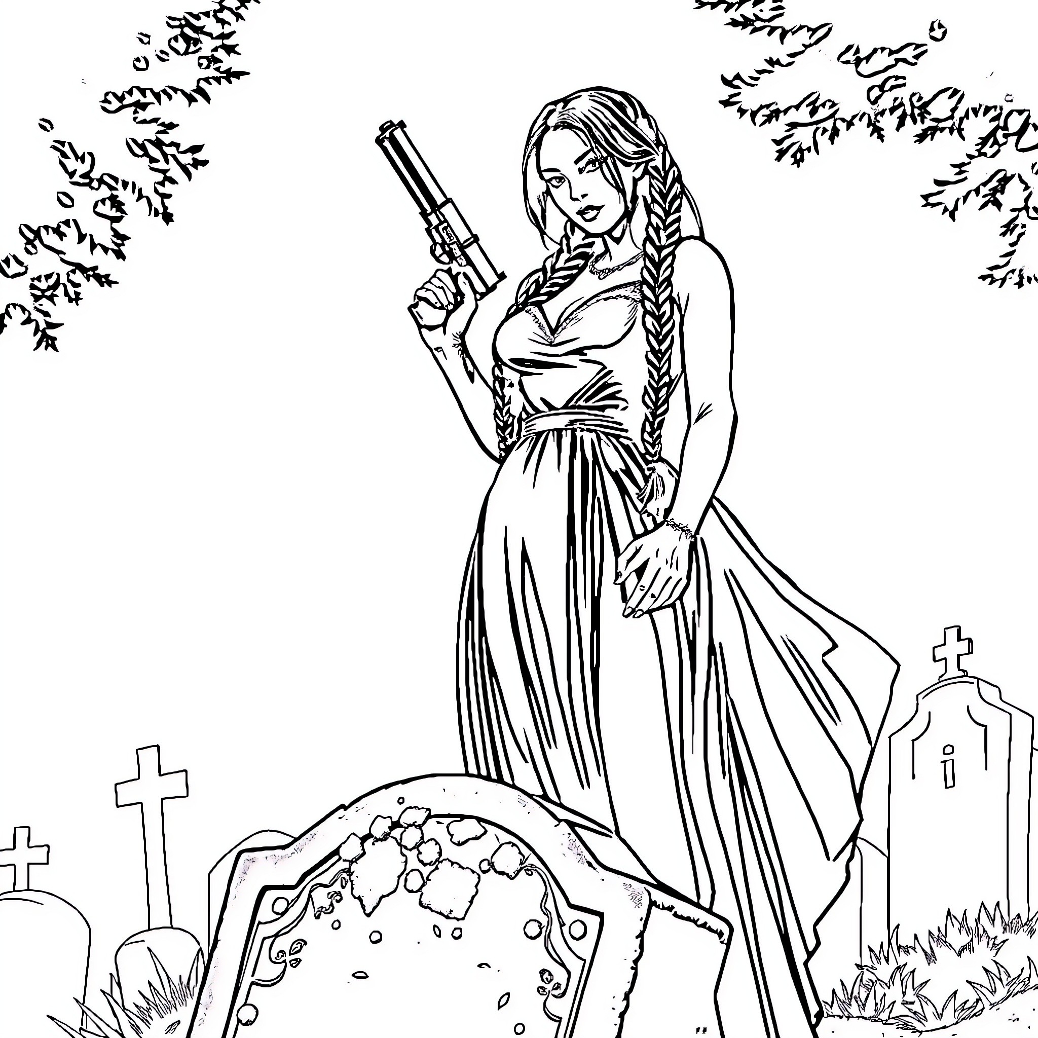 Woman wielding a gun near graveyard Coloring Page (free black-and-white line drawing printable PDF for all, from beginners to advanced learners, including children, teens, adults, and seniors)