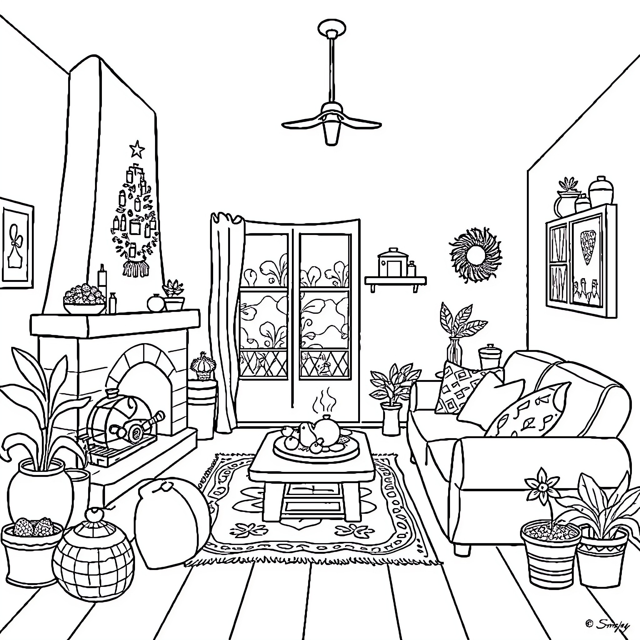 Home Cozy Interior with Furnishings and Decor Coloring Page (free black-and-white line drawing printable PDF for all, from beginners to advanced learners, including children, teens, adults, and seniors)