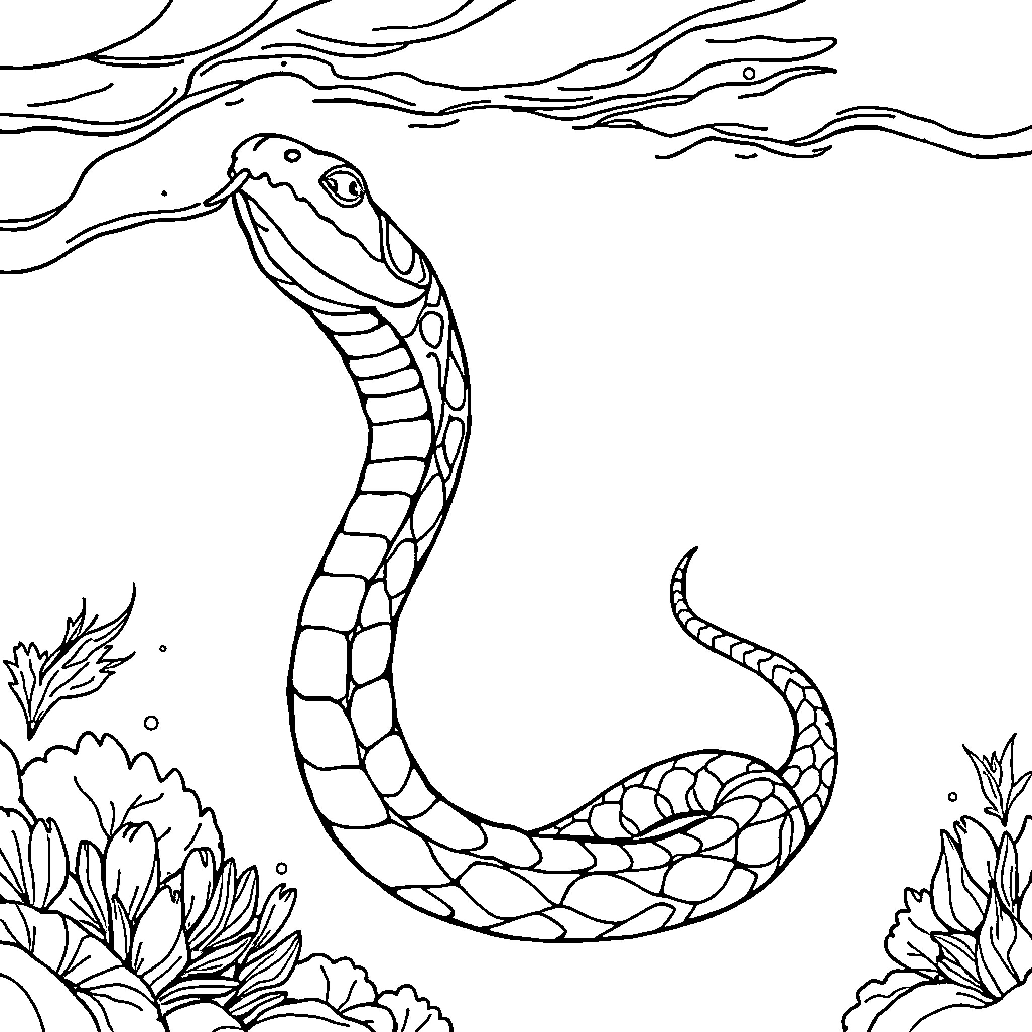 Sea Snake Slithering Through Aquatic Foliage Coloring Page (free black-and-white line drawing printable PDF for all, from beginners to advanced learners, including children, teens, adults, and seniors)