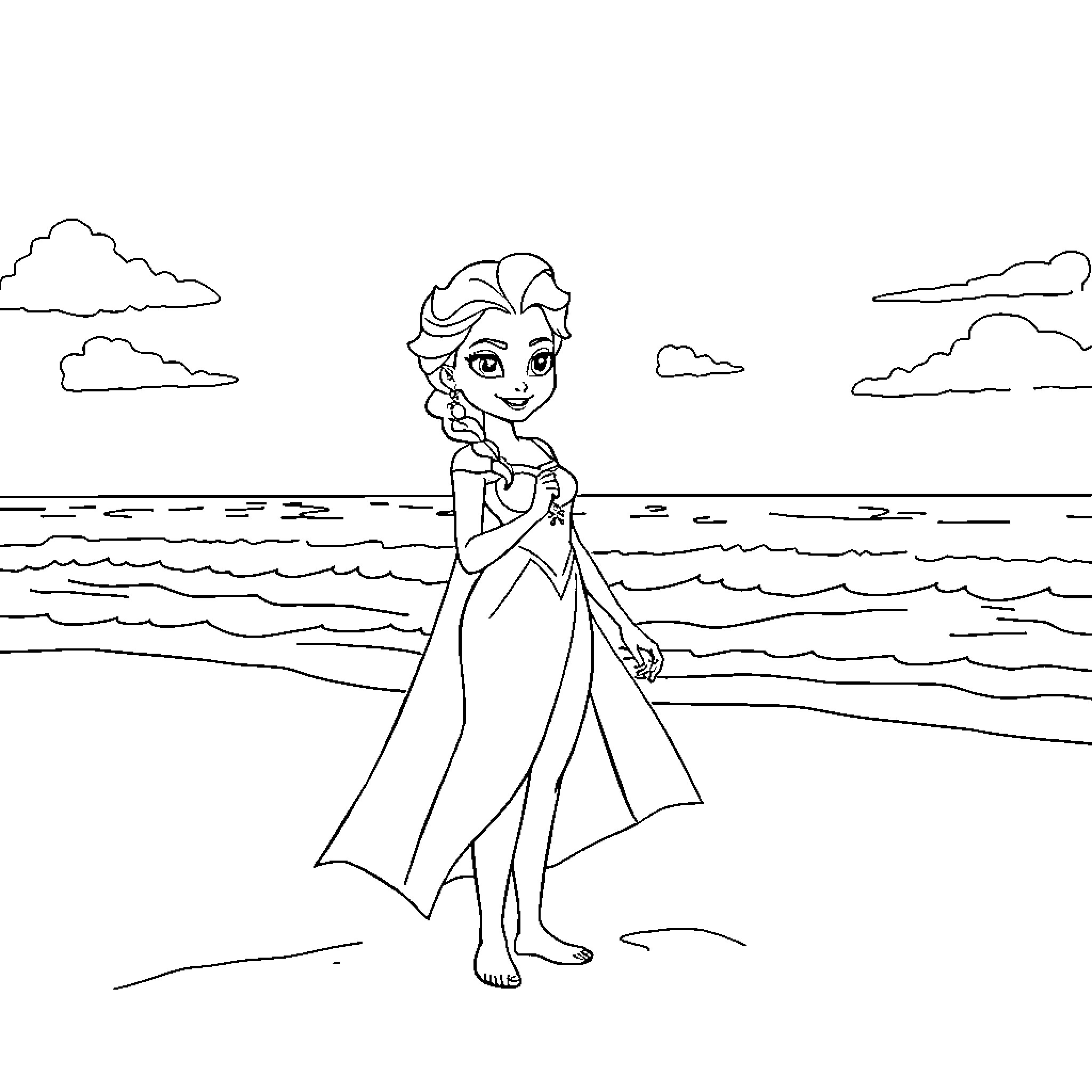 Elsa enjoying a peaceful beach day Coloring Page (free black-and-white line drawing printable PDF for all, from beginners to advanced learners, including children, teens, adults, and seniors)