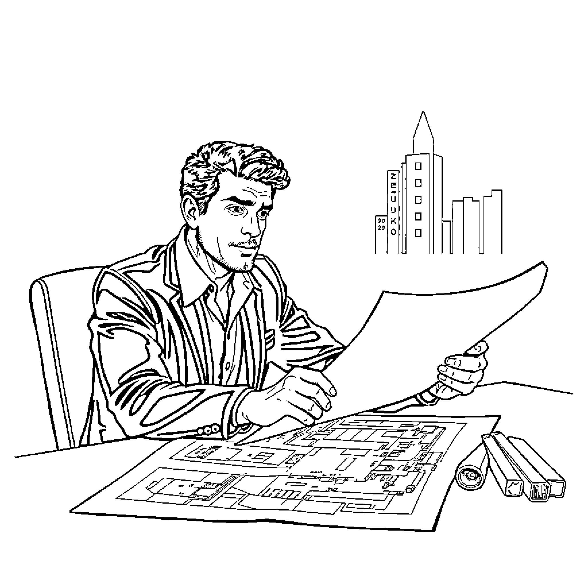 Tony Manero planning his moves on the city map Coloring Page (free black-and-white line drawing printable PDF for all, from beginners to advanced learners, including children, teens, adults, and seniors)