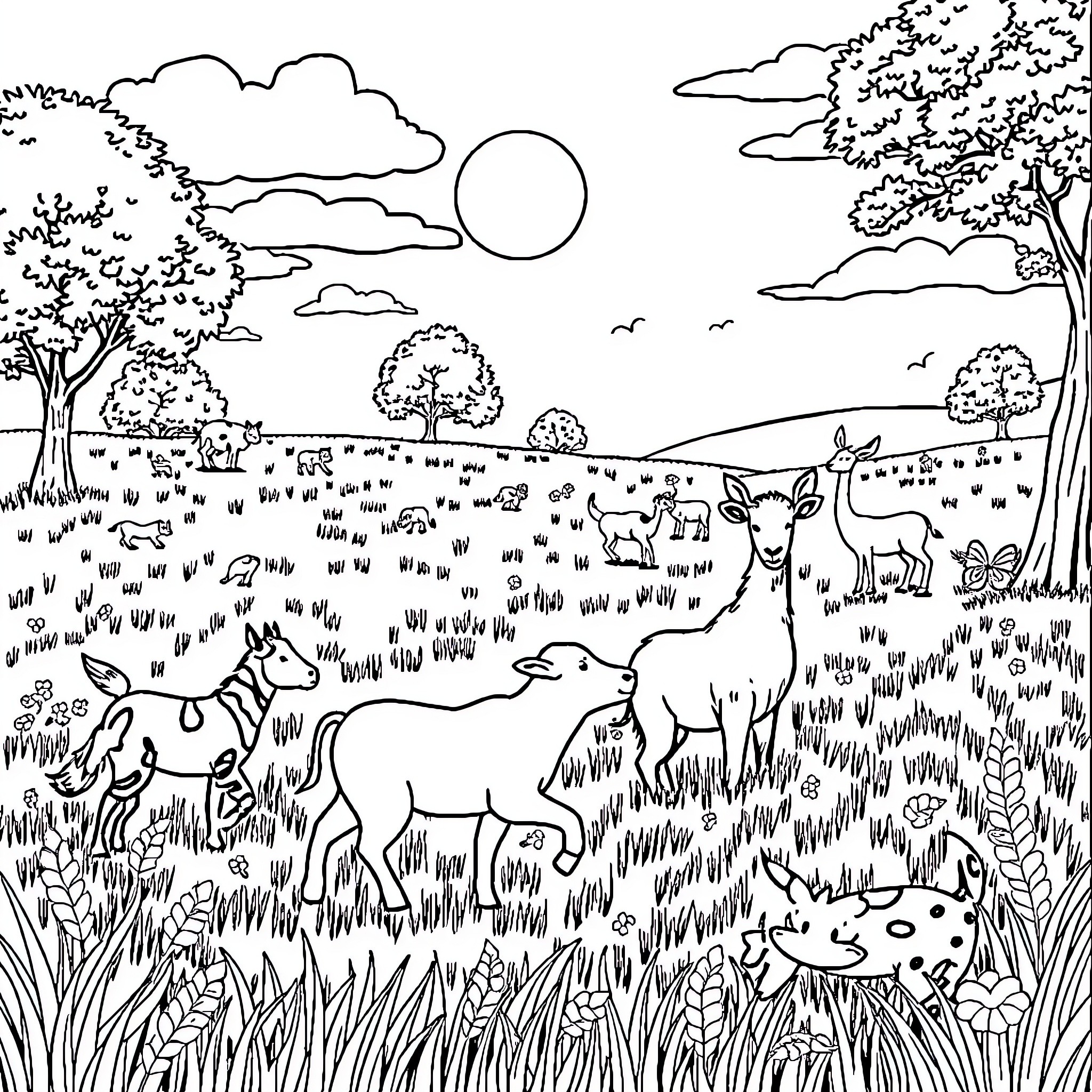 Animal grazing in a serene pastoral landscape Coloring Page (free black-and-white line drawing printable PDF for all, from beginners to advanced learners, including children, teens, adults, and seniors)