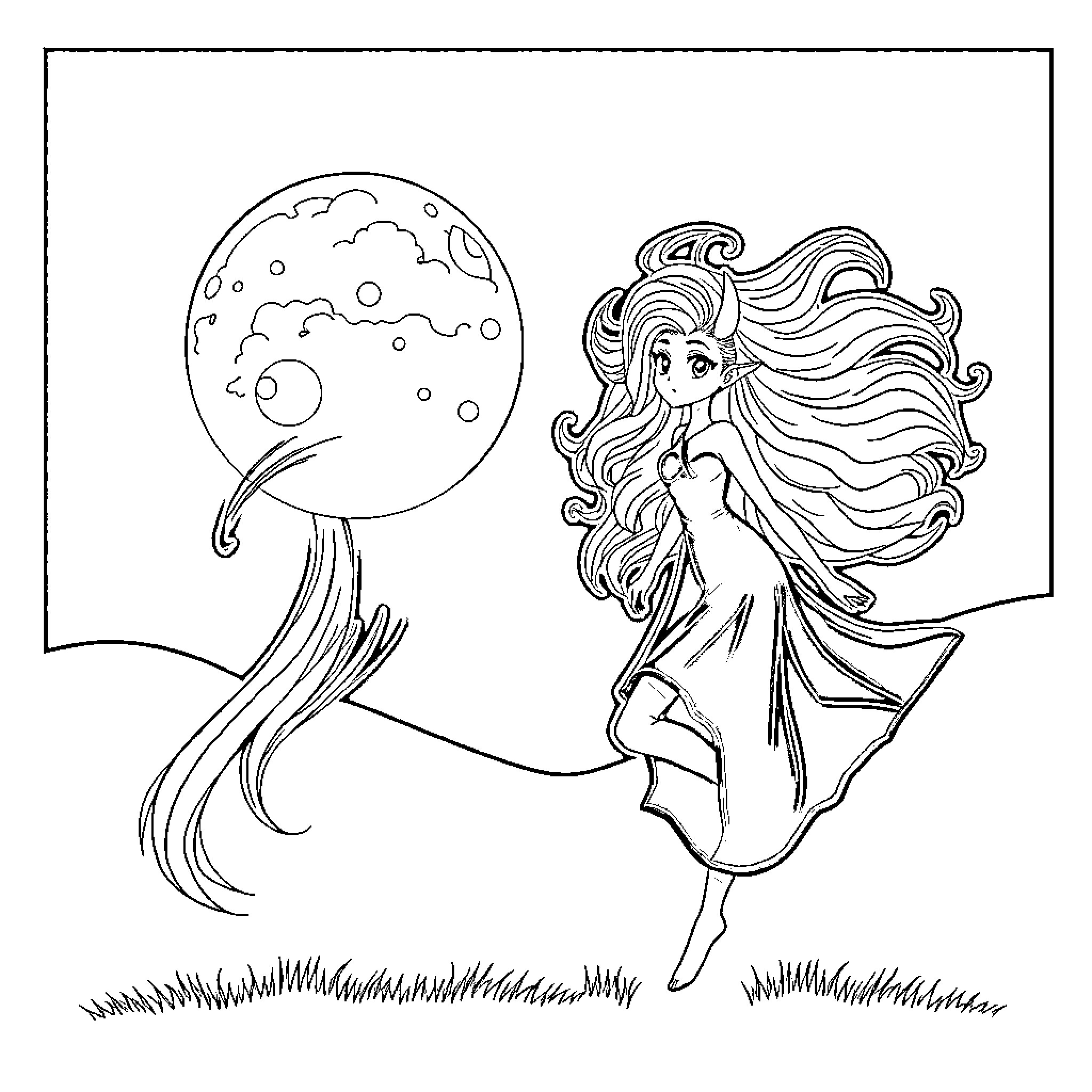 Luna dancing gracefully under the moonlight Coloring Page (free black-and-white line drawing printable PDF for all, from beginners to advanced learners, including children, teens, adults, and seniors)