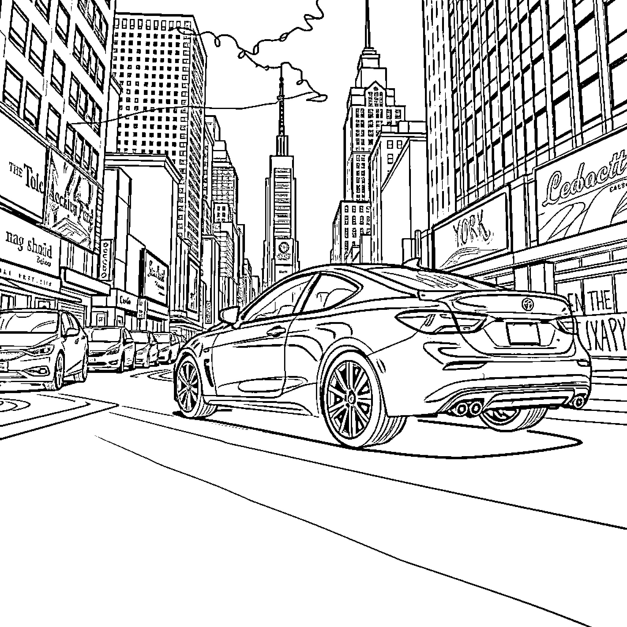 Car speeding through busy city street Coloring Page (free black-and-white line drawing printable PDF for all, from beginners to advanced learners, including children, teens, adults, and seniors)