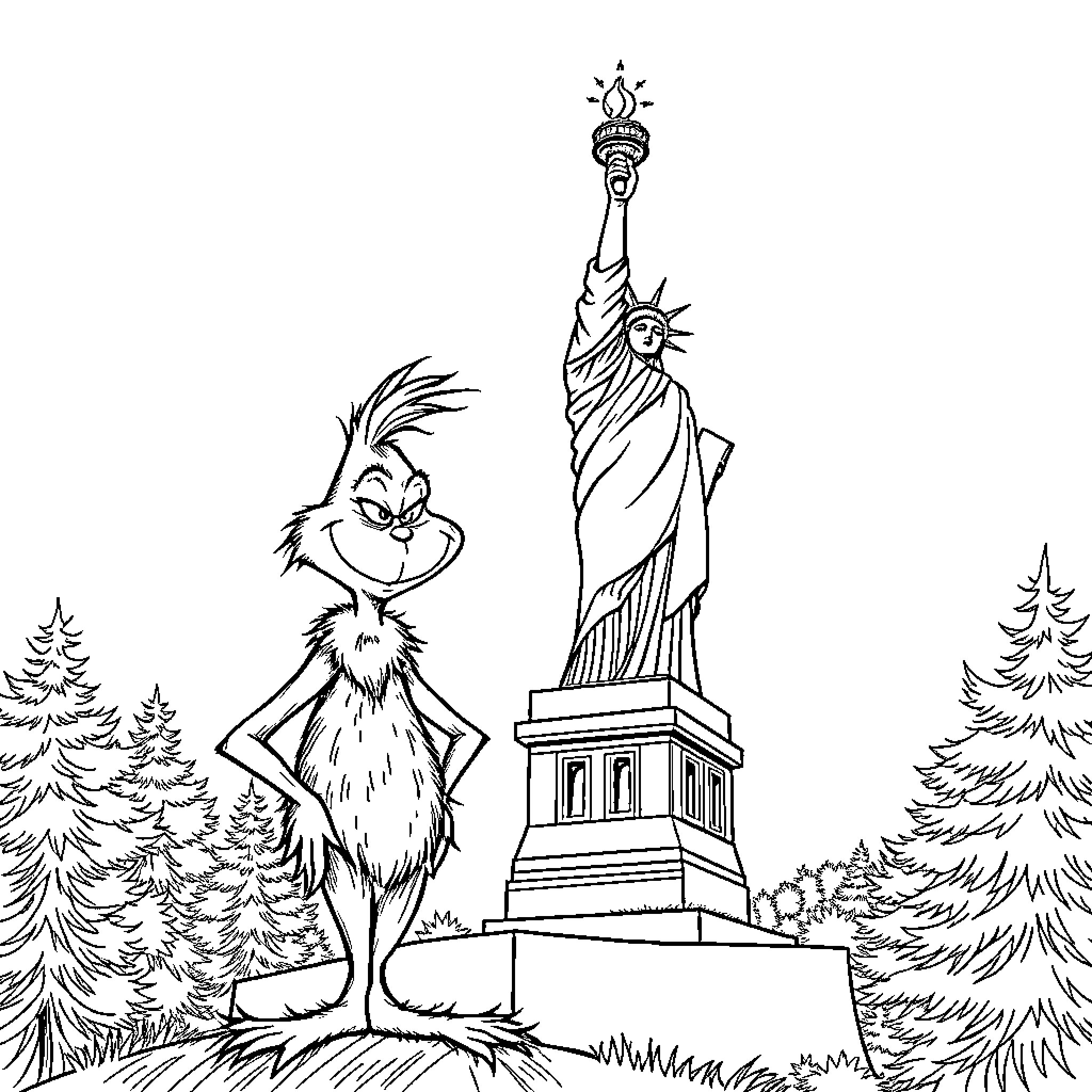 Grinch admires the Statue of Liberty in a snowy scene Coloring Page (free black-and-white line drawing printable PDF for all, from beginners to advanced learners, including children, teens, adults, and seniors)